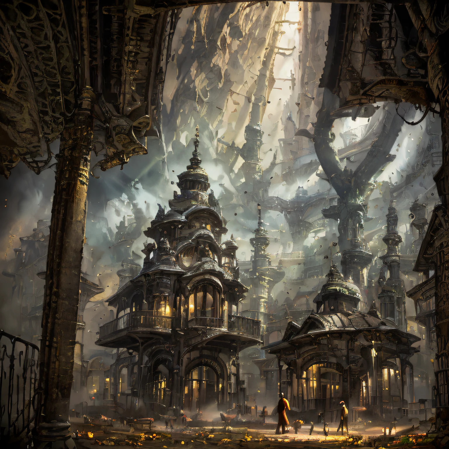 A small monk sweeps the ground and stands in the courtyard of a temple full of fallen leaves, HD detail, hyper-detail, cinematic, surrealism, soft light, deep field focus bokeh, ray tracing and surrealism. --auto