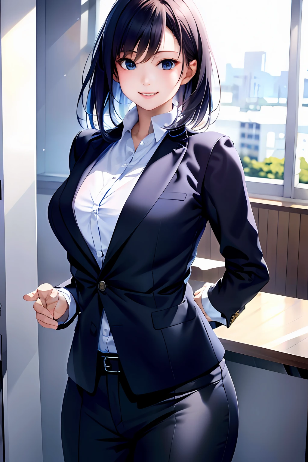 (8k, RAW photo, ultra high res, best quality, masterpiece:1.2), (realistic illustration), (extremely detailed CG unity 8k wallpaper), absurdres,
1 girl,21 yo, beautiful face,medium breasts,black medium hair,smile,tilting head,grin,upper body,slim fit pants,gray tailored jacket,office,upper body、乃木坂アイドル、女優、韓国アイドル