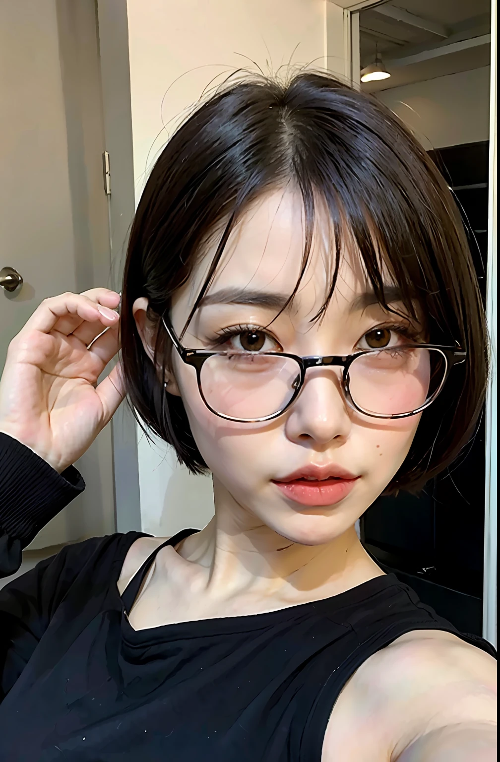 Portrait of an Asian woman with short hair, wearing stylish black glasses, with a nerdy look and a perfect body, especially highlighting her large breasts and distinctive facial features.