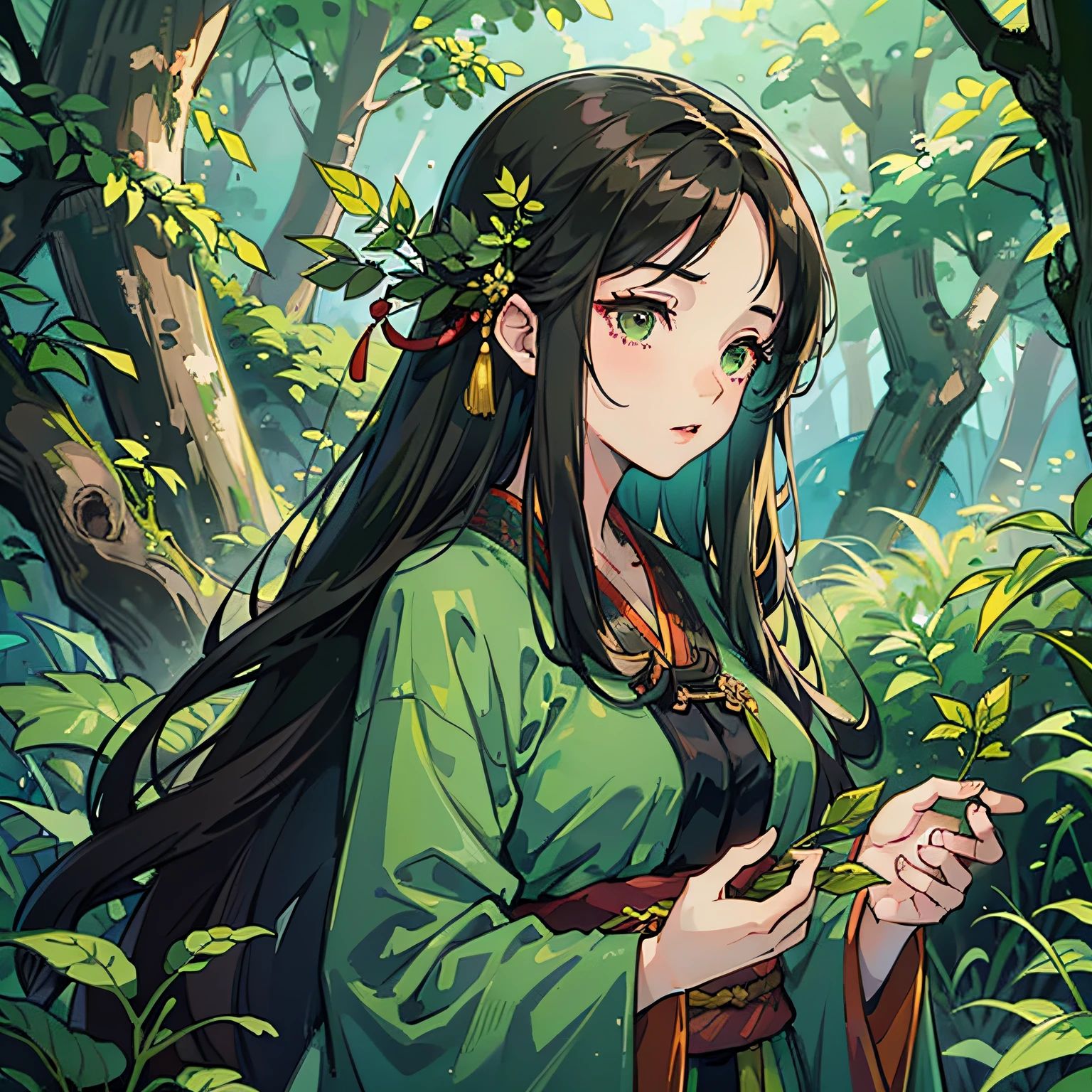 A woman in Hanfu holding a plant, the mountain as the background, surrounded by a forest full of green plants, a girl in Hanfu, she holds a green plant leaf, long black flowing hair, dark hair, super realistic details, colorful robes, national tide illustration, Miyazaki style --auto --s2