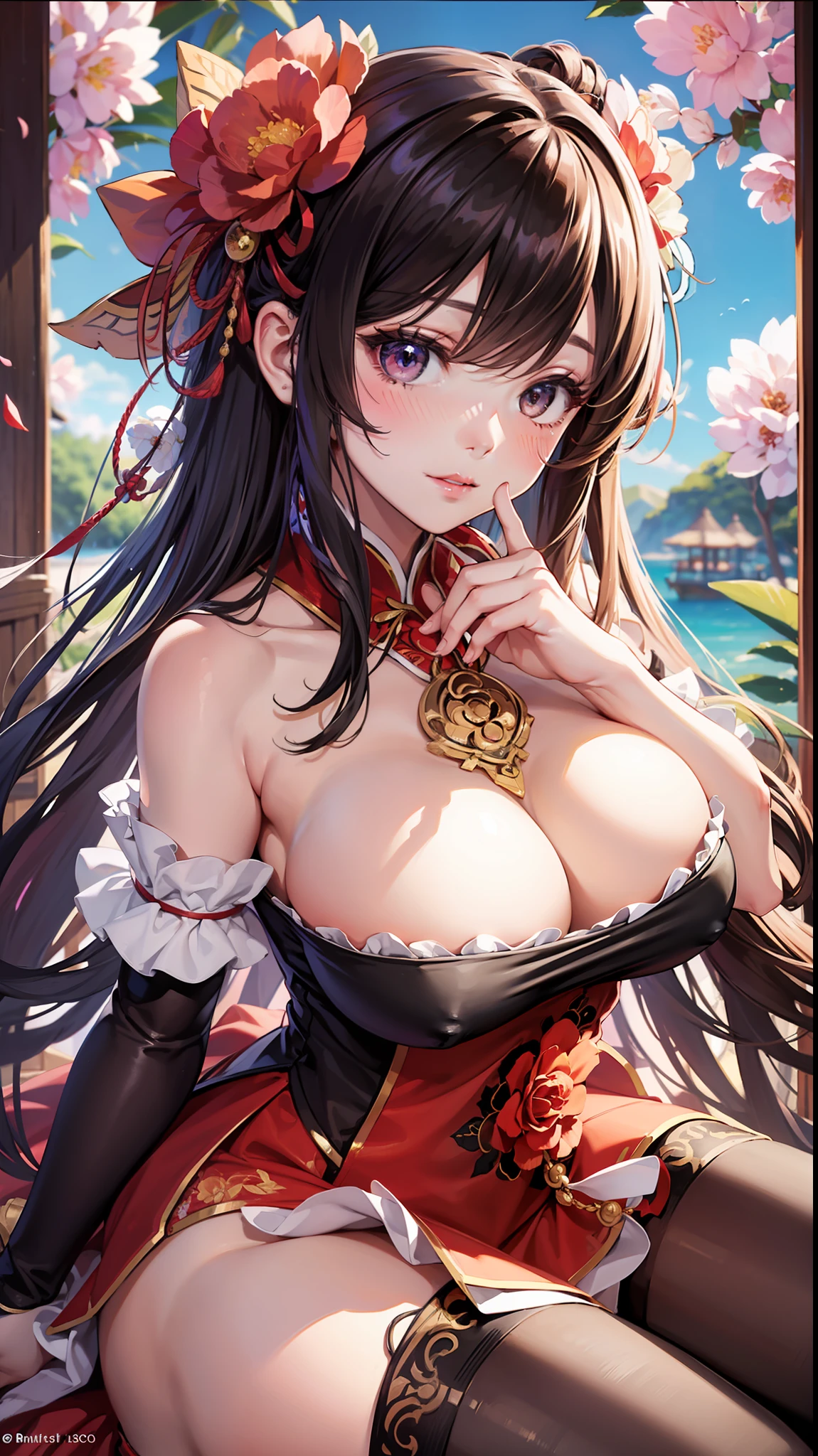masterpiece, best quality,high_resolution,best quality,oriental,1girl,outdoors, landscape,huge breasts, (upper body:1.3), blush, floral print,redclothes,