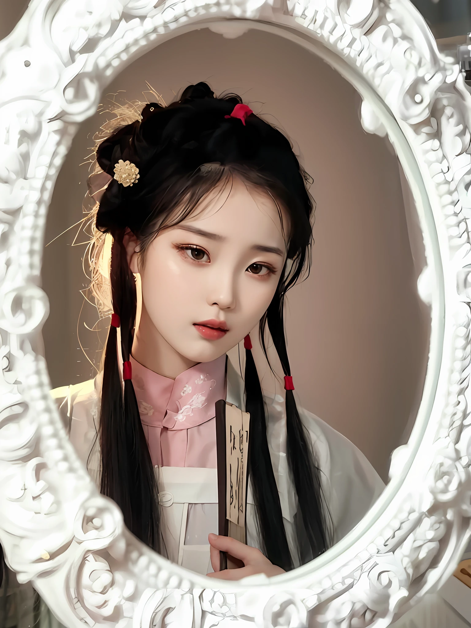 arafed woman with long black hair and a pink dress looking in a mirror, palace ， a girl in hanfu, hanfu, wearing ancient chinese clothes, white hanfu, traditional beauty, ancient chinese princess, with acient chinese clothes, traditional female hairstyles, traditional chinese clothing, chinese princess, ancient chinese beauties, chinese girl, traditional chinese, white hime cut hairstyle