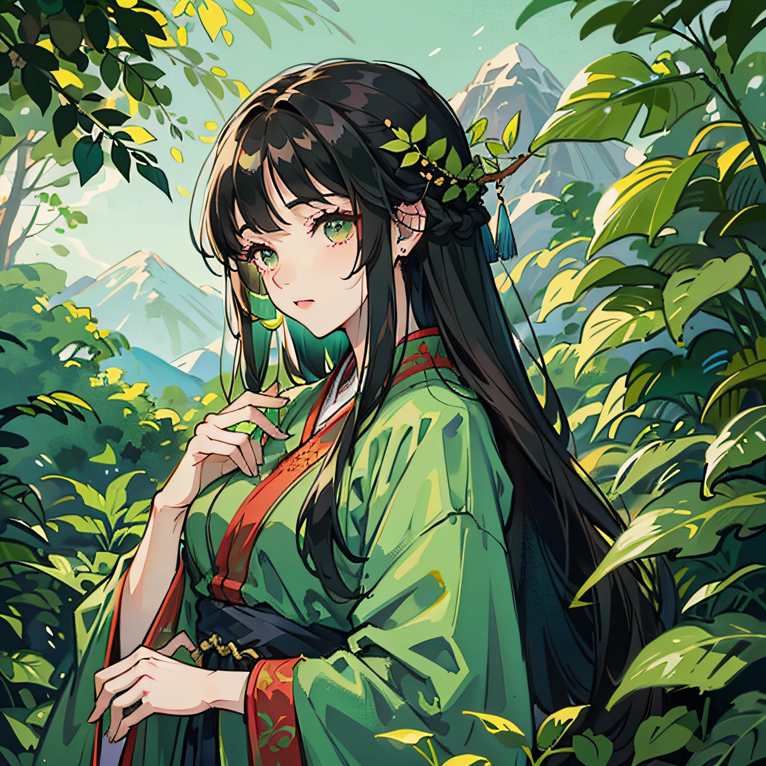A woman in Hanfu holding a plant, the mountain as the background, surrounded by a forest full of green plants, a girl in Hanfu, she holds a green plant leaf, long black flowing hair, dark hair, super realistic details, colorful robes, national tide illustration, Miyazaki style --auto --s2
