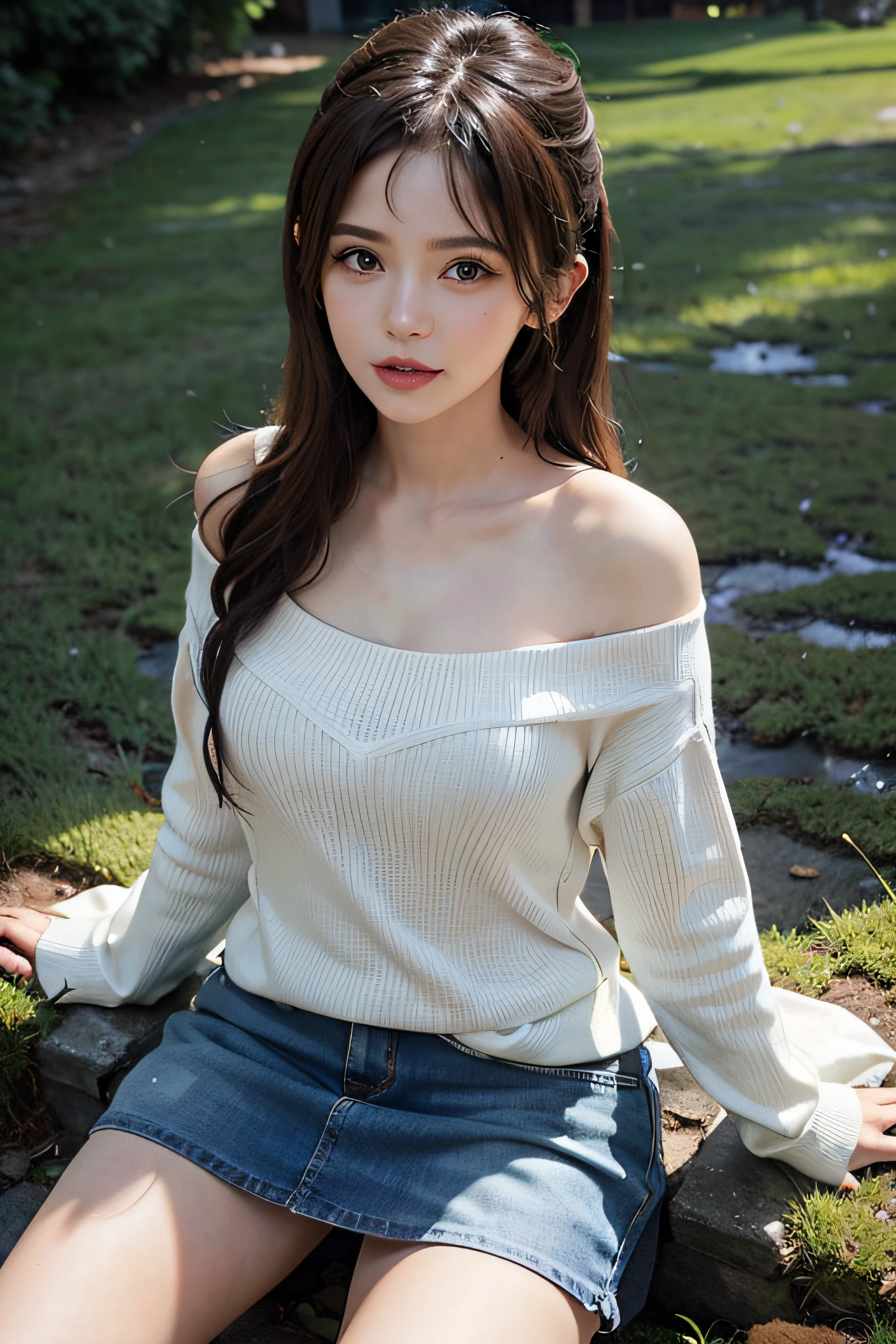 Long hair, tunic sweater, delicate collarbones, bare shoulders, full breasts, riverside, grass