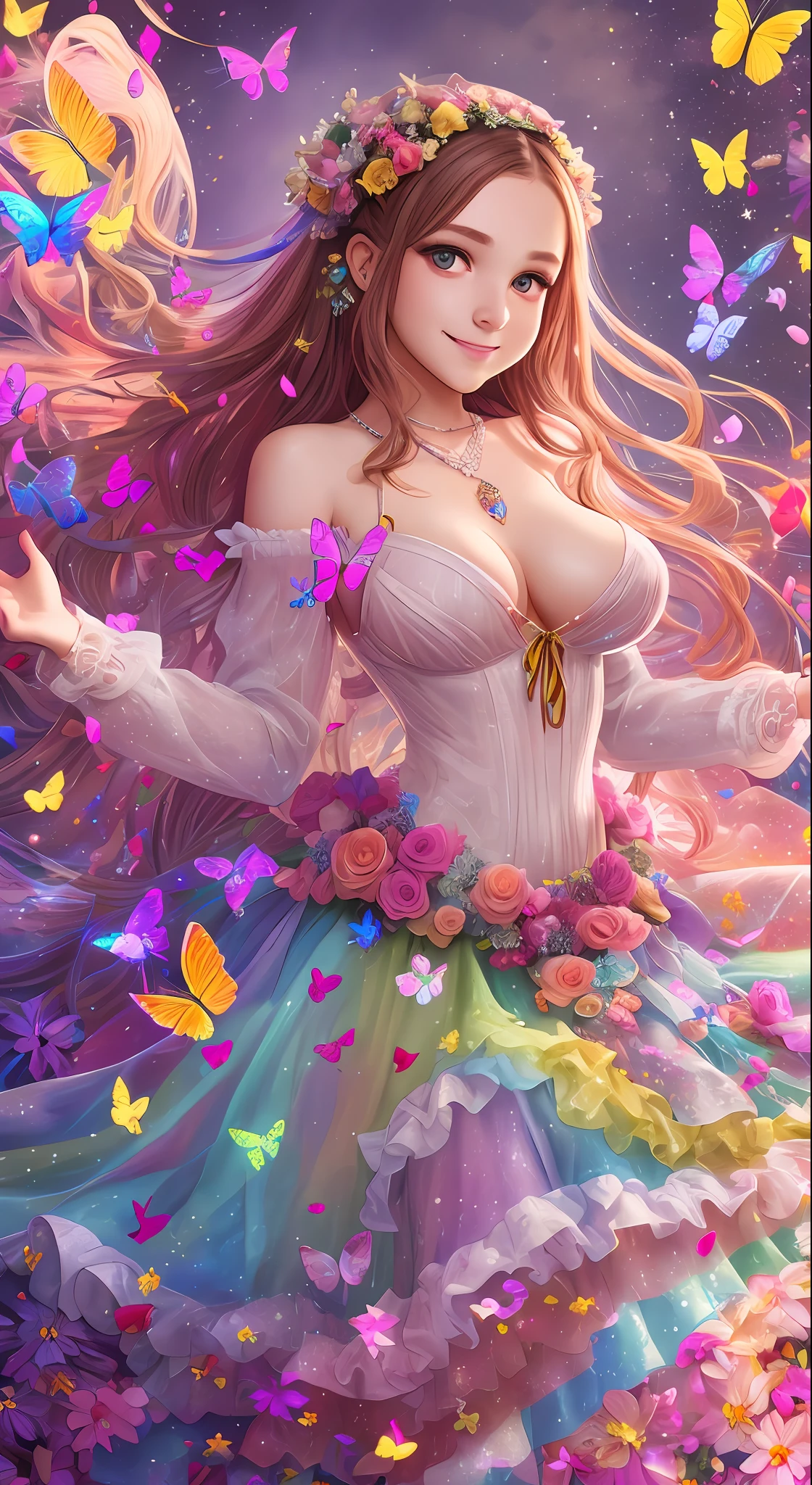 ************ Ukrainian girl, psychedelic, super cute, beautiful facial features, hair accessories and necklace, huge Tits, rainbow wedding dress, petals, bubbles, glitter, stars, butterflies, 8K resolution, highest quality, highest quality, (Ultra HD), Super fine details, charming smile, Full body shot