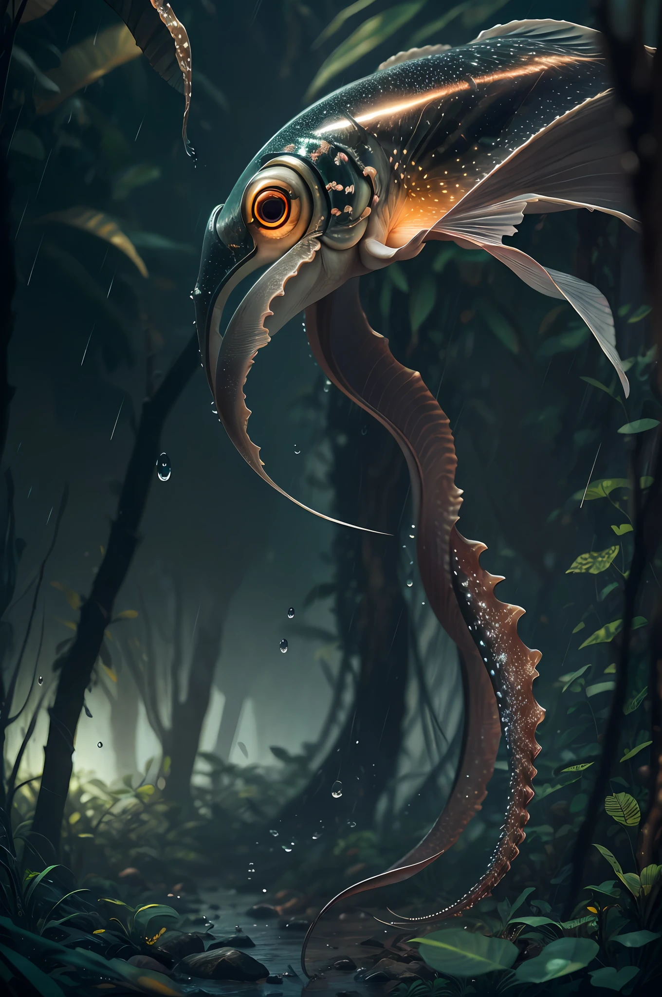 Big creature with six massive legs creature with transparent and lighting body, walking on all six legs, (((cuttlefish head))), ((four eyes)), six leghs, in the jungle, jungle, rain forest, high image quality, realistic look, high-resolution photography, 8K, full-frame matrix, deep shadows, ((one character)), (intricate details, subsurface scattering, hyperdetailed:1.15), (hyperrealism, volumetric lighting, sharp:1.5) Fujifilm XT3