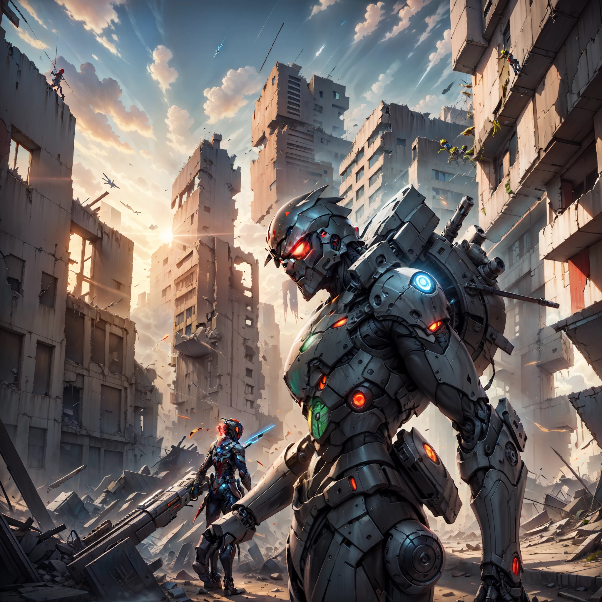Best quality, rich detail, gray sky, colored points of light floating in the air, a ruined city, vivid details, on the right is a broken tall building, a spider web climbing on the tall building, lying on the stomach of a huge dark red mechanical eight-clawed spider, 3 human warriors on the left, holding a laser gun to shoot at the spider, movie lighting, panorama