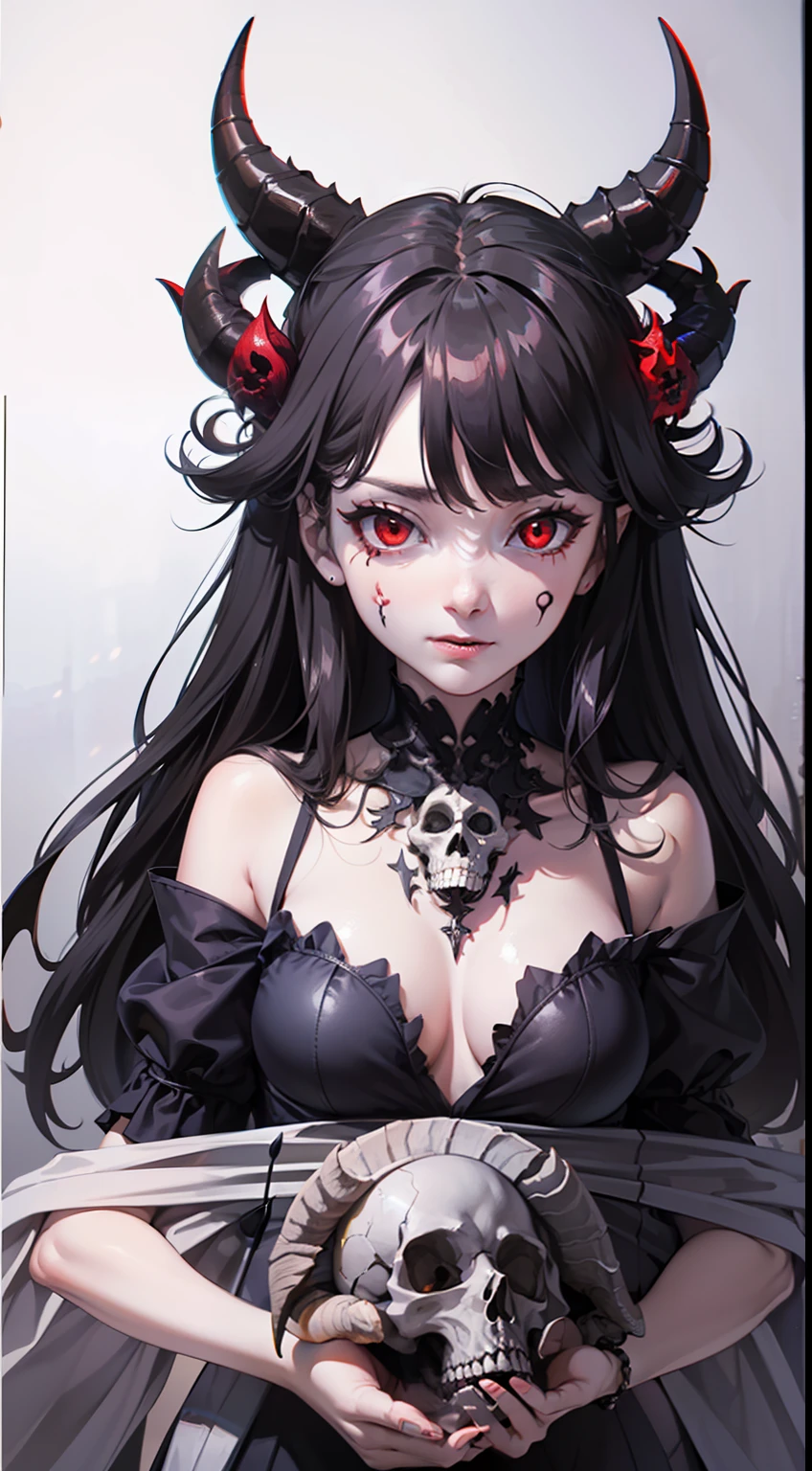 ((best quality)), ((masterpiece)), (detailed),(masterpiece:1,2), best quality, masterpiece, highres, original, extremely detailed wallpaper, perfect lighting,(extremely detailed CG:1.2),
(Satan:1.5), (demon:1.5), Evil, red eyes,vicious,Skull, bone,Evil charm,Goat horn,
Rendering graph,),Background solid color,