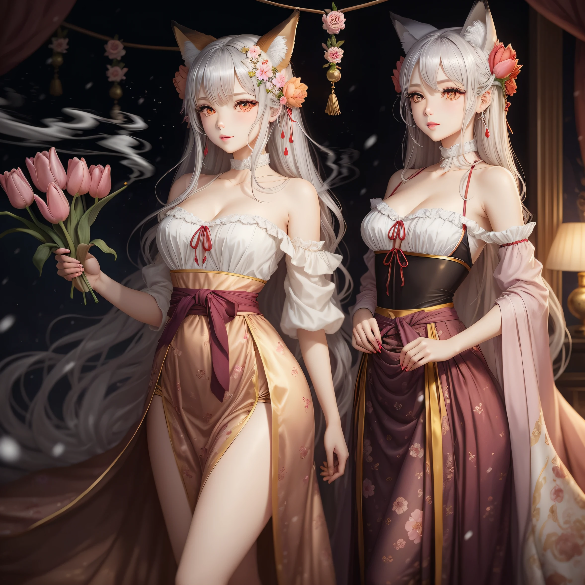 Height 175, golden ratio figure, delicate face, skin like snow, pale pink red lips like a peach blossom, dark pupils, silver beautiful hair, long hair and waist, eyebrows with a red tulip-like flower print, a pair of fox ears on the head, wearing a plum smoke phoenix tail skirt, a string of bells hanging from the waist. , anime characters in period costumes --auto