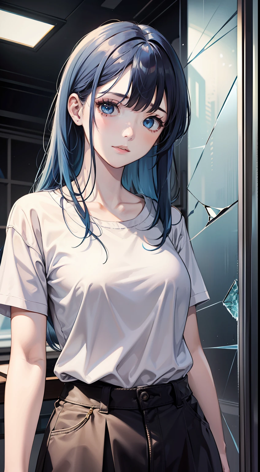 masterpiece,best quality,highres,
(1girl:1.6),medium shot,blue hair,bangs,pale skin,blue eyes,white clothes,
(glitch),(broken glass)