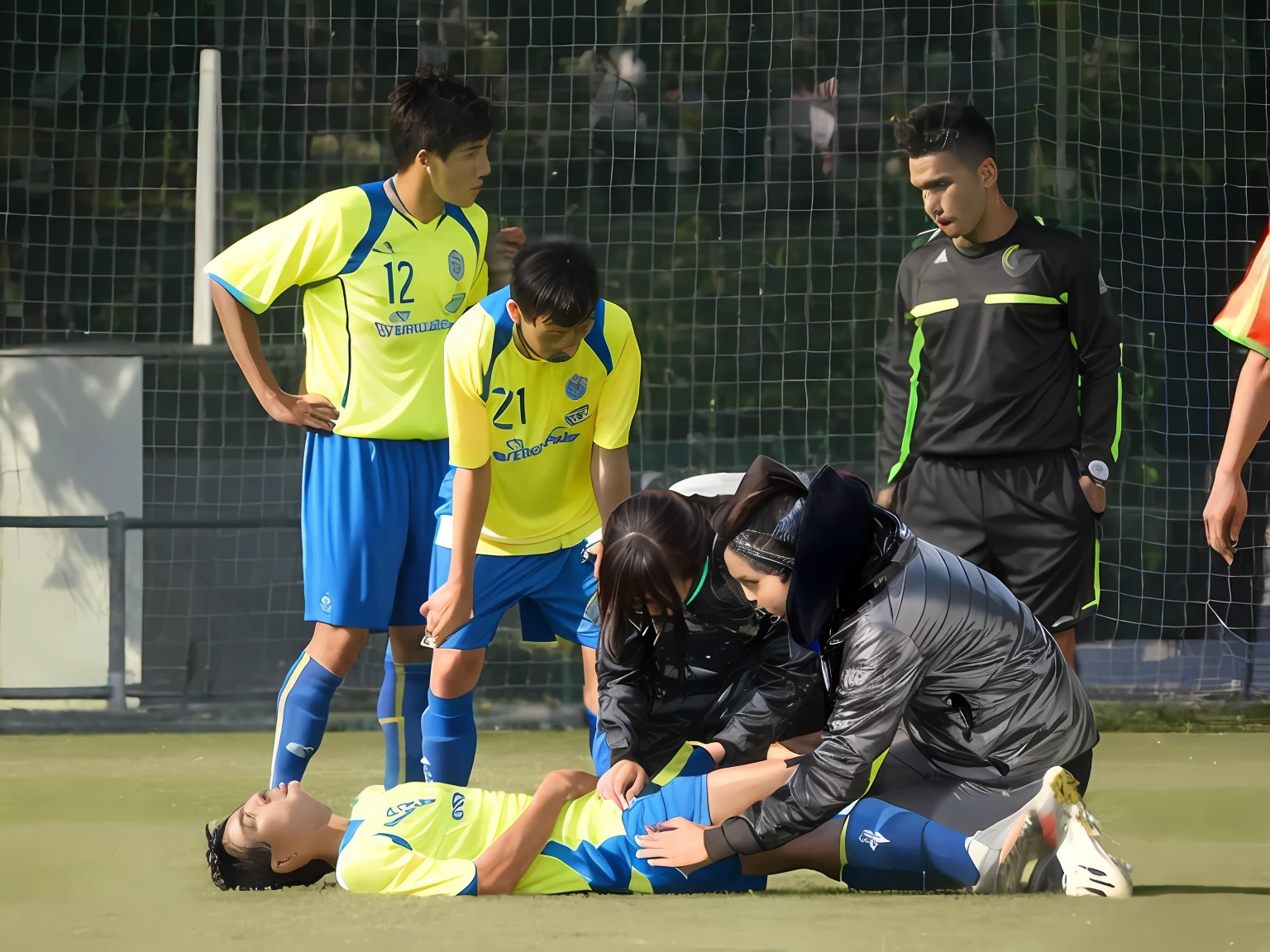 soccer secene, a sports ground in the background, a soccer match, sports scene, there are beautiful and attractive women kneeling in the grass close to a lying male soccer player, beautiful and attractive women in high shine down coats and wetlook leather leggings, beautiful and attractive women are giving treatment to a wounded sportsman in a sports stadium, soccer scene, accident, first aid, help to a wounded man, first aid for an injured male soccer player, an injured soccer player in matte cotton sportswear, a soccer player is lying on the ground wearing marre cotton sportswear, there is an injured soccer player lying in pain on the ground and covering his agonised and suffering face with both hands, beautiful and attractive women are giving a massage to an injured sportsman who is lying in pain on the ground, beautiful and attractive women are wearing very shiny waterproof clothes, dramatic action scene, hyperrealistic, photorealistic, photo, ultra realistic, theatralic pity pose, celebrating first aid, beautiful and attractive women are looking very concerned and sad, beautiful and attractive women have tears in their eyes, beautiful and attractive women are shouting out angry
