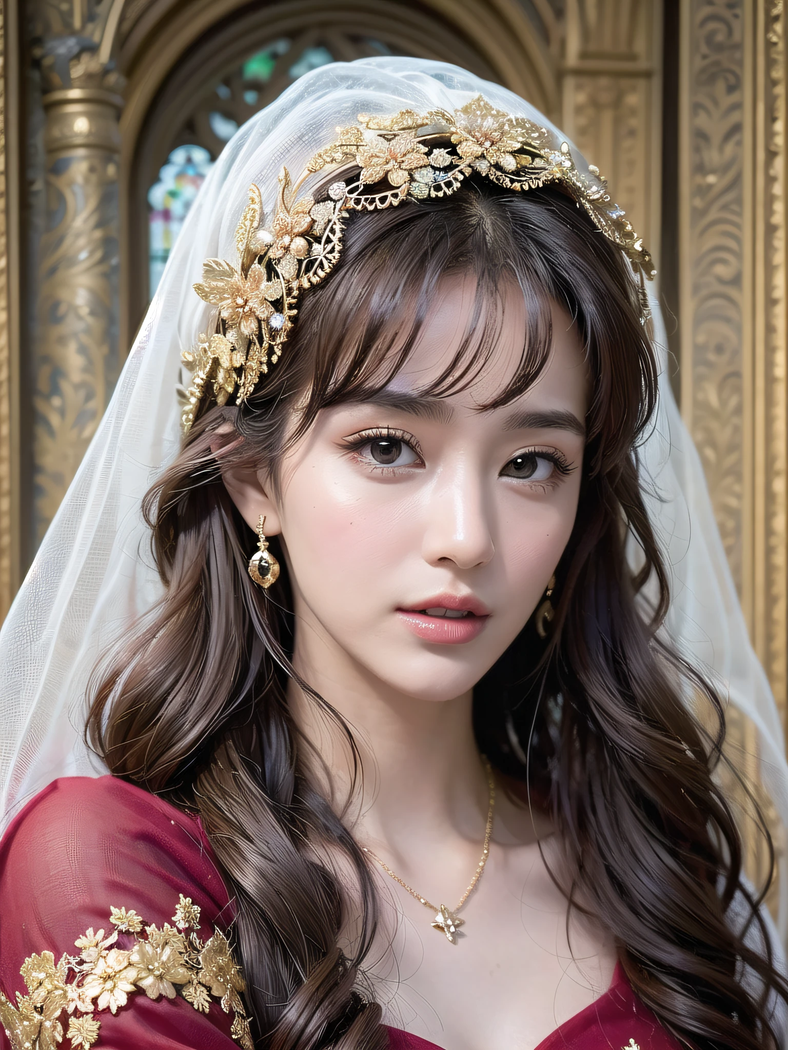 Top Quality, Ultra High Resolution, (Photorealistic: 1.4), Cinema Light, Depth of Field, Beautiful Face, (PureErosFace_V1:0.8), |1 Girl, Fan Bing, Woman in Red Dress and Gold Jewelry, Fan Bing Fashion, Colossal, White Cloak, Intricate Design, Cathedral Background, Extra Long Wavy Brown Hair, RAW, Beautiful Women, (Detailed Face), (Detailed Facial Features), (Fine Detailed Skin), Pale Skin, (Masterpiece), Perfect Proportions, Realistic Photo, Full Shot, Full Body, (Body Portrait), ((with Bouquet)), ((Wearing a Veil)),