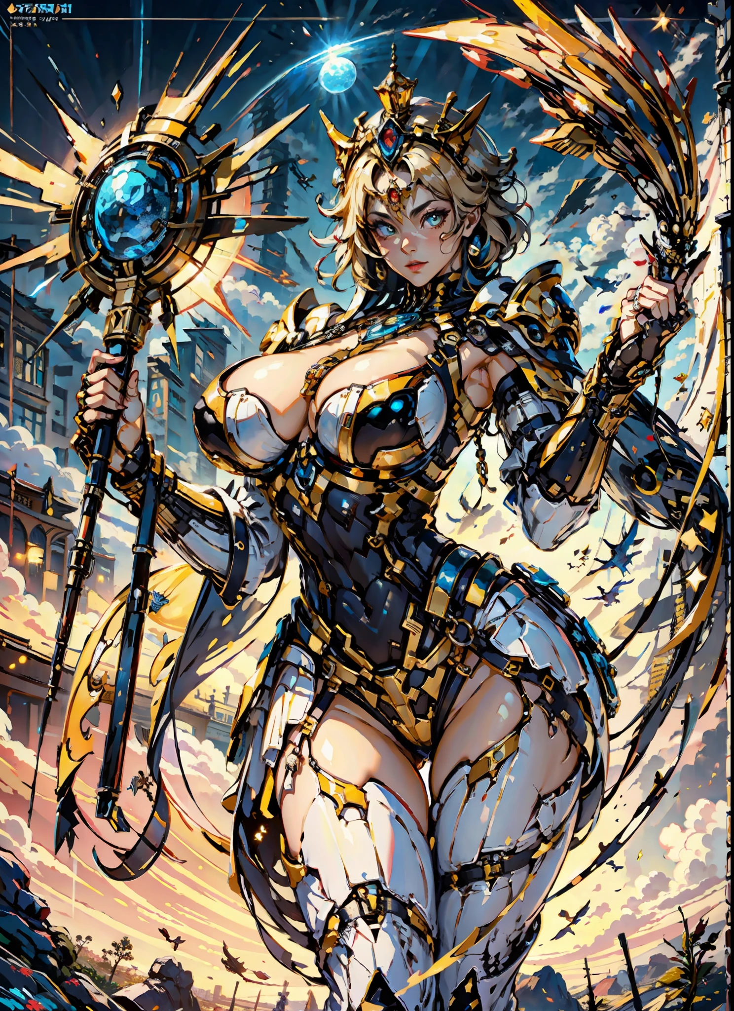 Curvy, milf, (gigantic boobs :1.2), hot, sexy lips, 1girl, beautiful empress of the sun, detailed eyes, detailed face, detailed skin, mature body, tall body, seductive body, medium large chest, medium thigh, desert BREAK and pyramid bottoms, holding only a holy sun scepter, phoenix dragon in the sky, highly saturating sun rays, holy ceremony, angelic halo, dazzling golden and orange spark around, sacred magic circle,  golden crown, golden majestic lightning, best quality, masterpiece, trend in art station, BREAK, detailed, realistic, highly detailed digital art 8k, octane rendering, bioluminescent, concept art resolution BREAK 8K, realism, by studios Mappa, masterpiece, best quality, official art, illustration, ligne claire, (cool_color), perfect composition, absurdists, fantasy, focused, full body in attack pose, night sky with clouds,  full moon