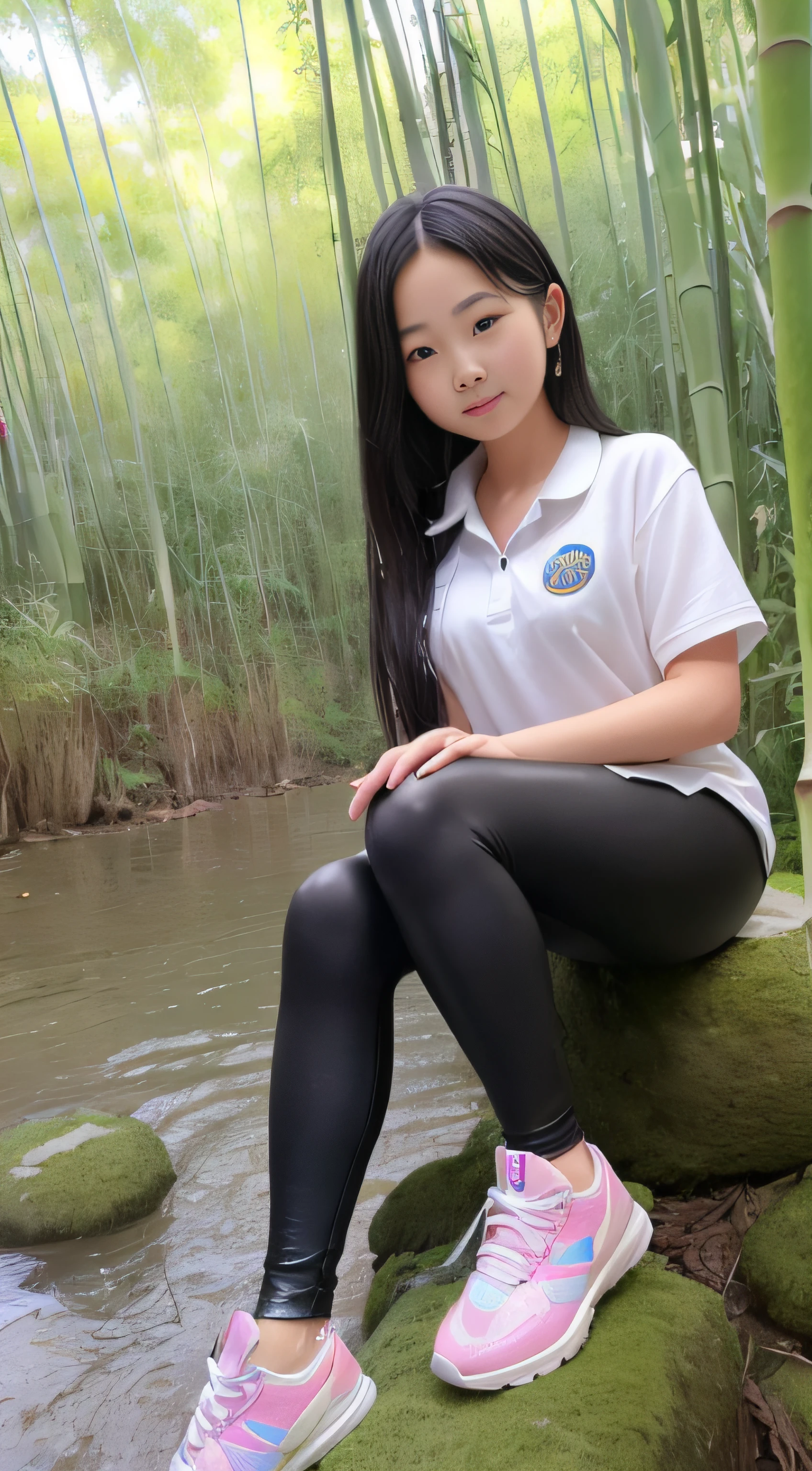 A girl wearing a soaked school uniform, black leggings, and sneakers sat on a large rock in a bamboo forest, surrounded by water