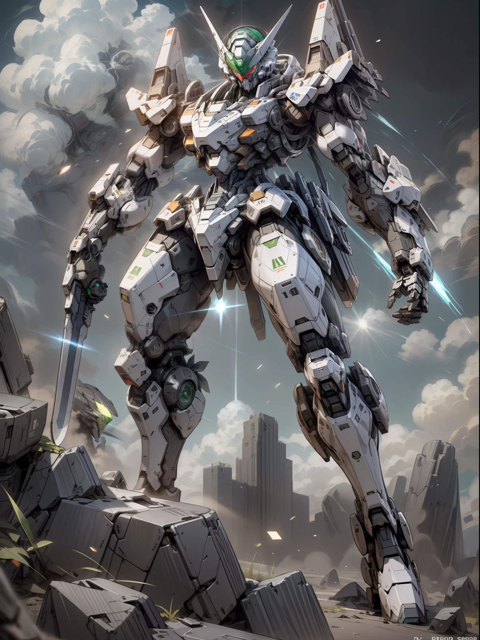 ((Best Quality)), ((Masterpiece)), (Very detailed: 1.3), 8K, cool painting, full of sci-fi, assassin mech with a long sword, streamlined green armor, complex weapons and equipment behind it, Gundam humanoid mech, anime mech aesthetics, perfect body proportions, heads-up view, standing posture, military giant mech, missiles, rocks, futuristic technology, realism, dark clouds in the sky, dark war background, ray tracing, light particles, nvidia Trtx, super resolution, Unreal 5, Subsurface Scattering, Specular and Albedo Maps, Rule of Thirds, Large Aperture, Battle Stance, 8K Raw Data, High Efficiency Subpixels, Subpixel Convolution, Light Particles, Light Scattering, Tyndall Effect, Ray Tracing.