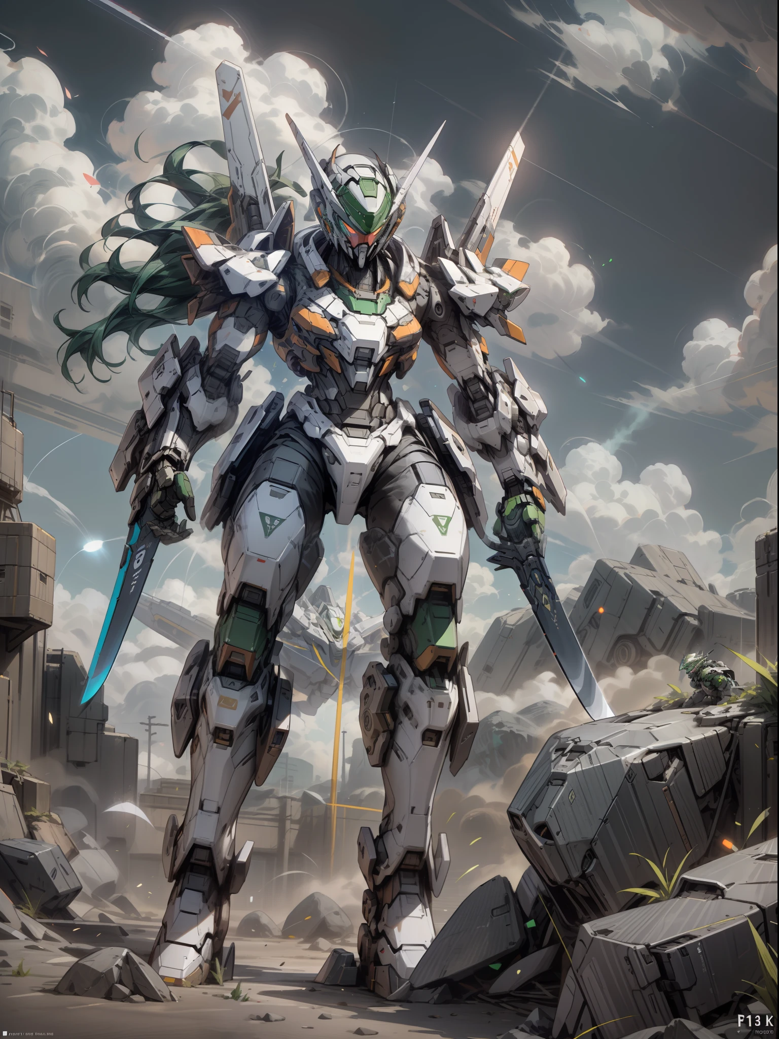 ((Best Quality)), ((Masterpiece)), (Very detailed: 1.3), 8K, cool painting, full of sci-fi, assassin mech with a long sword, streamlined green armor, complex weapons and equipment behind it, Gundam humanoid mech, anime mech aesthetics, perfect body proportions, heads-up view, standing posture, military giant mech, missiles, rocks, futuristic technology, realism, dark clouds in the sky, dark war background, ray tracing, light particles, nvidia Trtx, super resolution, Unreal 5, Subsurface Scattering, Specular and Albedo Maps, Rule of Thirds, Large Aperture, Battle Stance, 8K Raw Data, High Efficiency Subpixels, Subpixel Convolution, Light Particles, Light Scattering, Tyndall Effect, Ray Tracing.