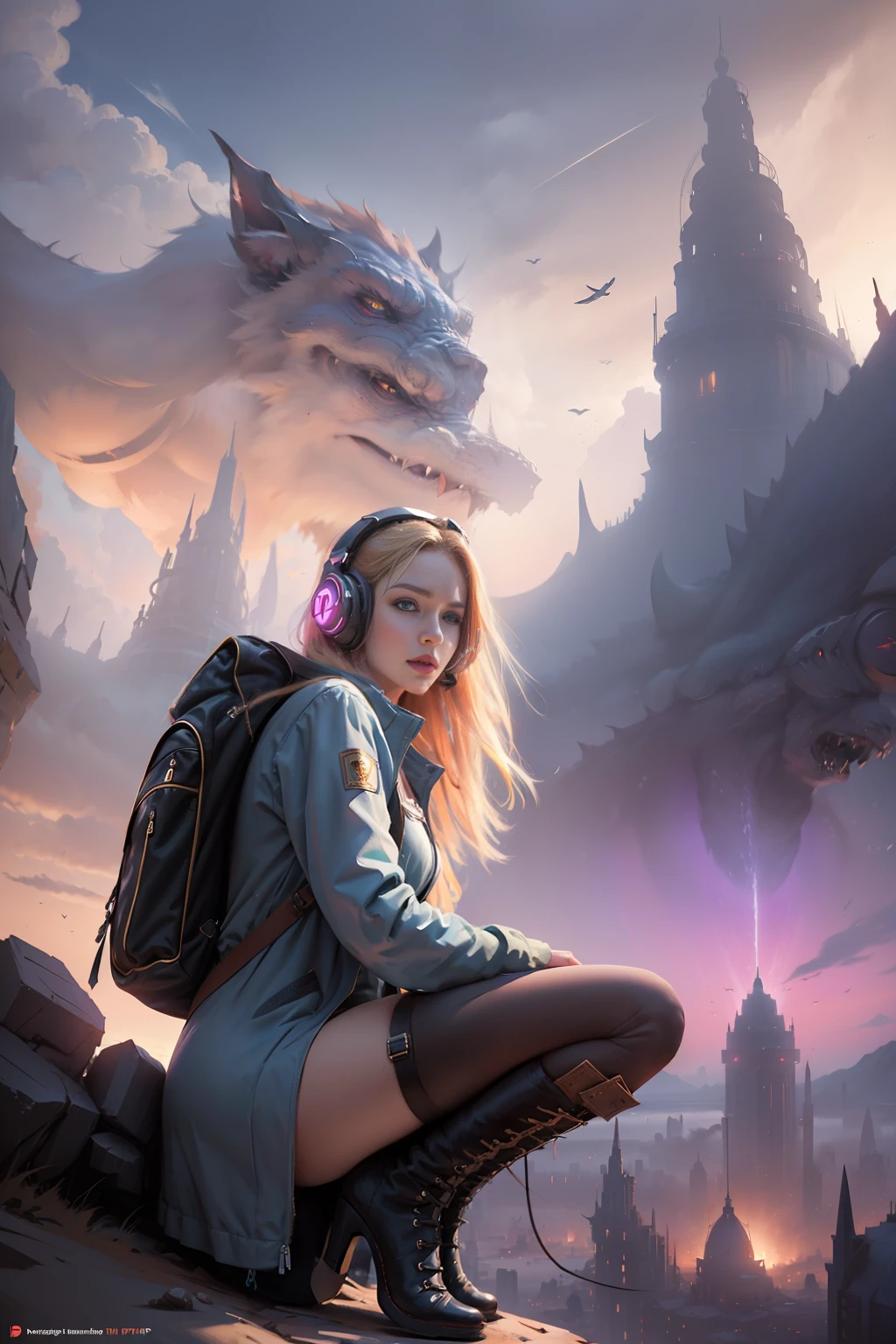 a highly detailed matte painting of a woman on a hill watching a giant monster, by makoto shinkai, by artgerm, by wlop, by greg rutkowski, fantasy scene, volumetric lighting, octane render, 4k resolution, trending on artstation, masterpiece, highly detailed, beautiful face, beautiful eyes, red lips, long blond hair, backpack, large headphones, pantyhose, high heeled boots