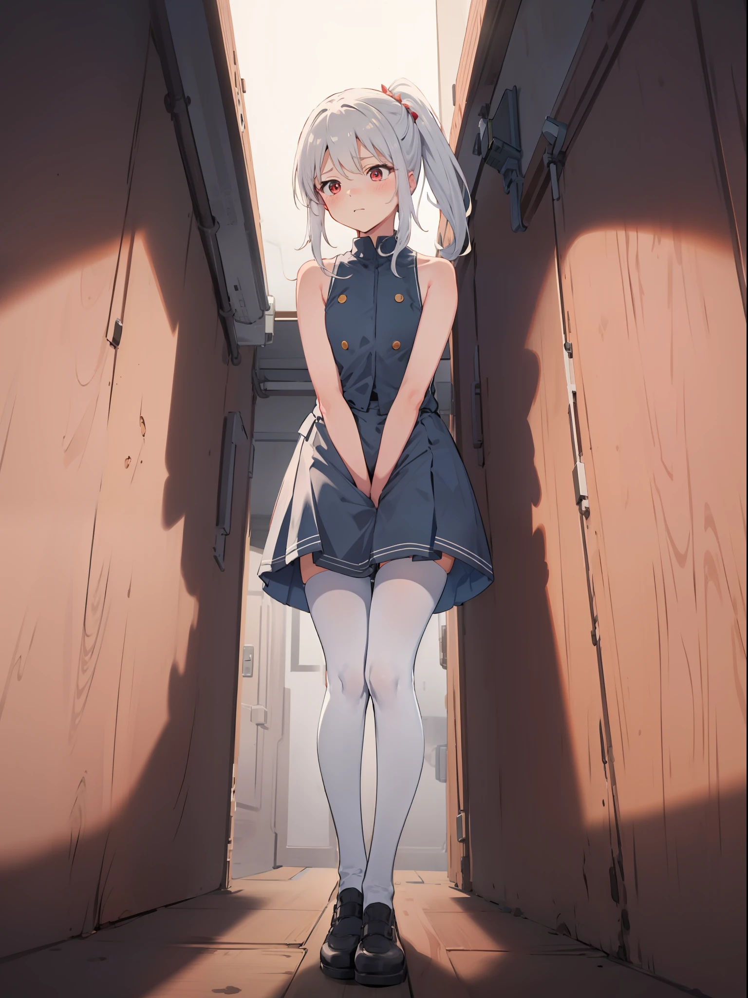 (Perspective Drawing), (Highest Quality), Glamorous, Rich in Detail, Reality, (1girl:0.7), Girly, Cute, ((Silver Hair)), Two-dimensional, Long ponytail, Light Red Eyes, Red Hairpin, Sleeveless, Bare Shoulders, (Tights), ((Navel)), Fidgeting, Legs Clamped, Holding Wall, Incontinence, Gaze Evasion, (White Stockings), (Anxious), Blushing, (From Below)