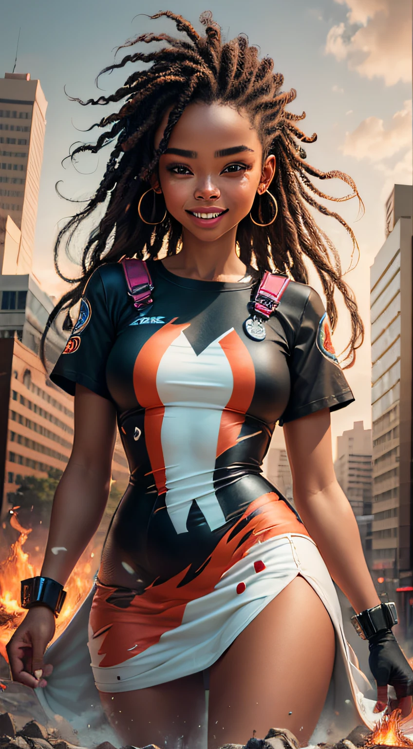 Vector T-shirt centered, isometric, ready to print Highly detailed colorful graffiti illustration, character holding bomb in hands, A young girl, negroid, dark skin, with dreads for hair, she's a model, she's wearing a fashion dress, she's 15, her eyes are orange, Her hair is on fire, her hair is shivering flames, just like lina in dota 2, fire, her hair is pure fire, she is black, has dark skin, splendid smile, robotic landscape, 4k, hd, ultrarealistic, realism