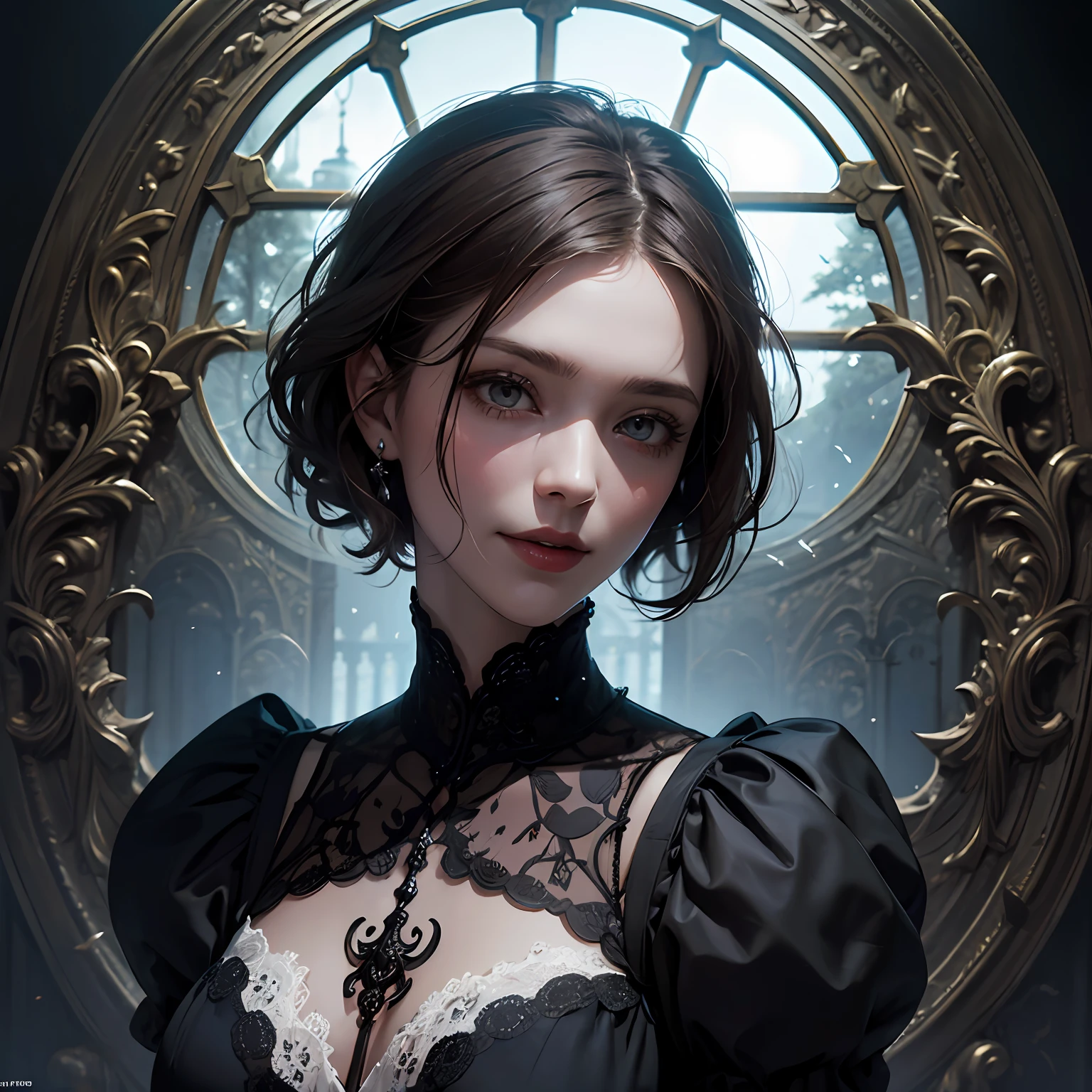Official Art, Unity 8k wallpaper, ultra-detailed, beautiful, beautiful, masterpiece, best quality, dark, atmospheric, mystical, romantic, creepy, literature, art, fashion, victorian, decoration, intricate, ironwork, lace, contemplative, emotional depth, supernatural, 1 girl, short hair, brunette hair, smile, solo, neck, bust composition --auto