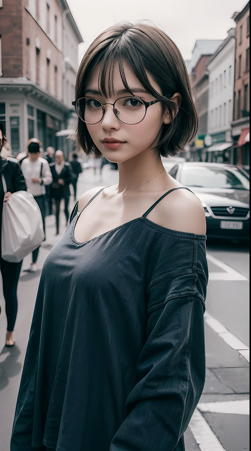 (RAW photo, best quality), (realistic, photo-realistic:1.3), extremely delicate and beautiful, Amazing, finely detail, masterpiece, ultra-detailed, highres, (best shadow),
sharp focus, volumetric fog, 8k UHD, DSLR, high quality, Fujifilm XT3,
a woman wearing glasses and a blue top posing for a picture in the street with her hand on her head, glasses, a picture, aestheticism