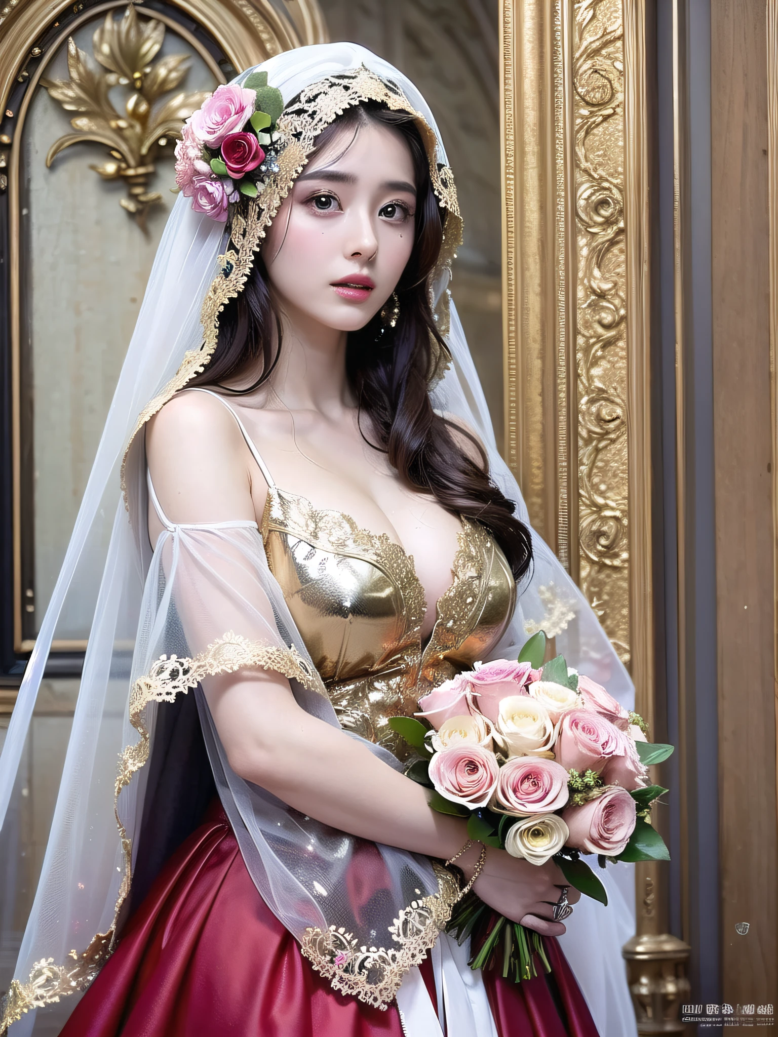 Top Quality, Ultra High Resolution, (Photorealistic: 1.4), Cinema Light, Depth of Field, Beautiful Face, (PureErosFace_V1:0.8), |1 Girl, Fan Bing, Woman in Red Dress and Gold Jewelry, Fan Bing Fashion, Colossal, White Cloak, Intricate Design, Cathedral Background, Extra Long Wavy Brown Hair, RAW, Beautiful Women, (Detailed Face), (Detailed Facial Features), (Fine Detailed Skin), Pale Skin, (Masterpiece), Perfect Proportions, Realistic Photo, Full Shot, Full Body, (Body Portrait), ((with Bouquet)), ((Wearing a Veil)),
