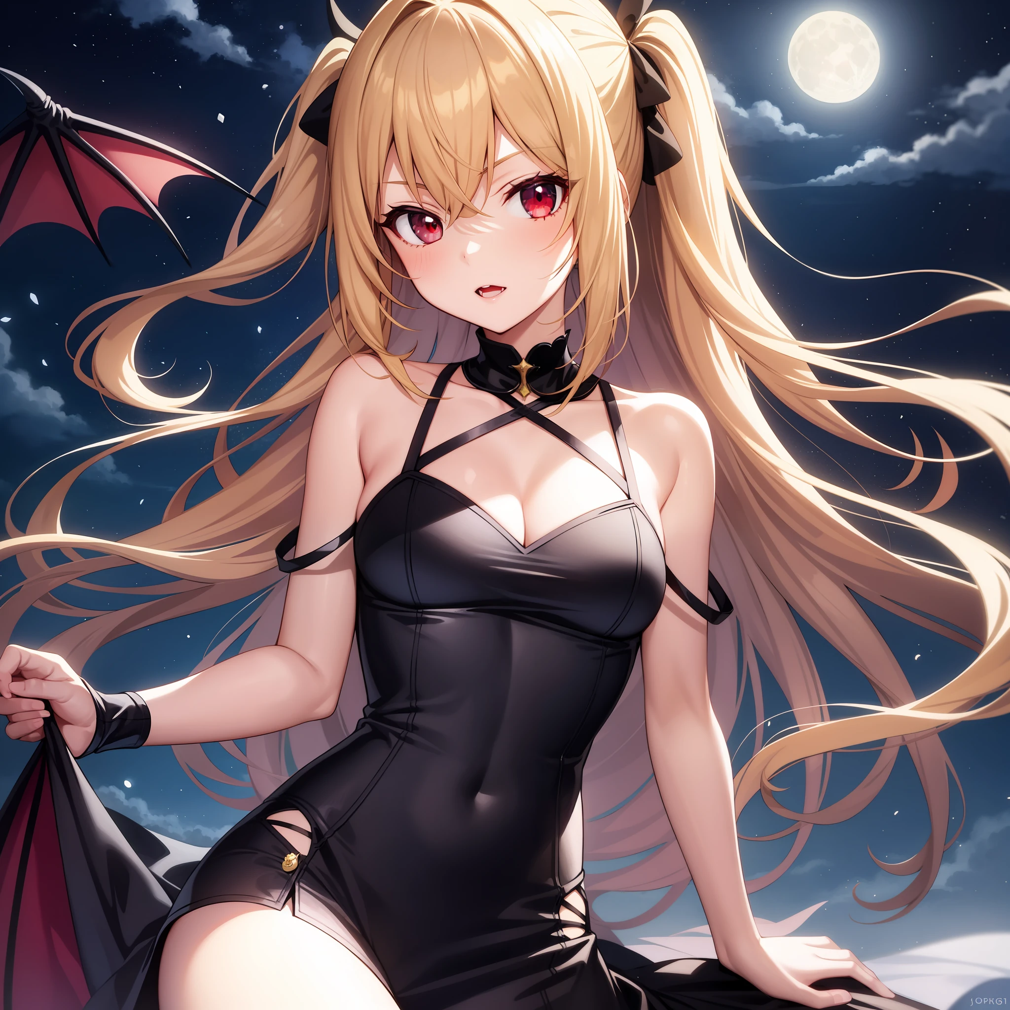 anime, girl single, blonde, red eyes, vampire, moon, night
