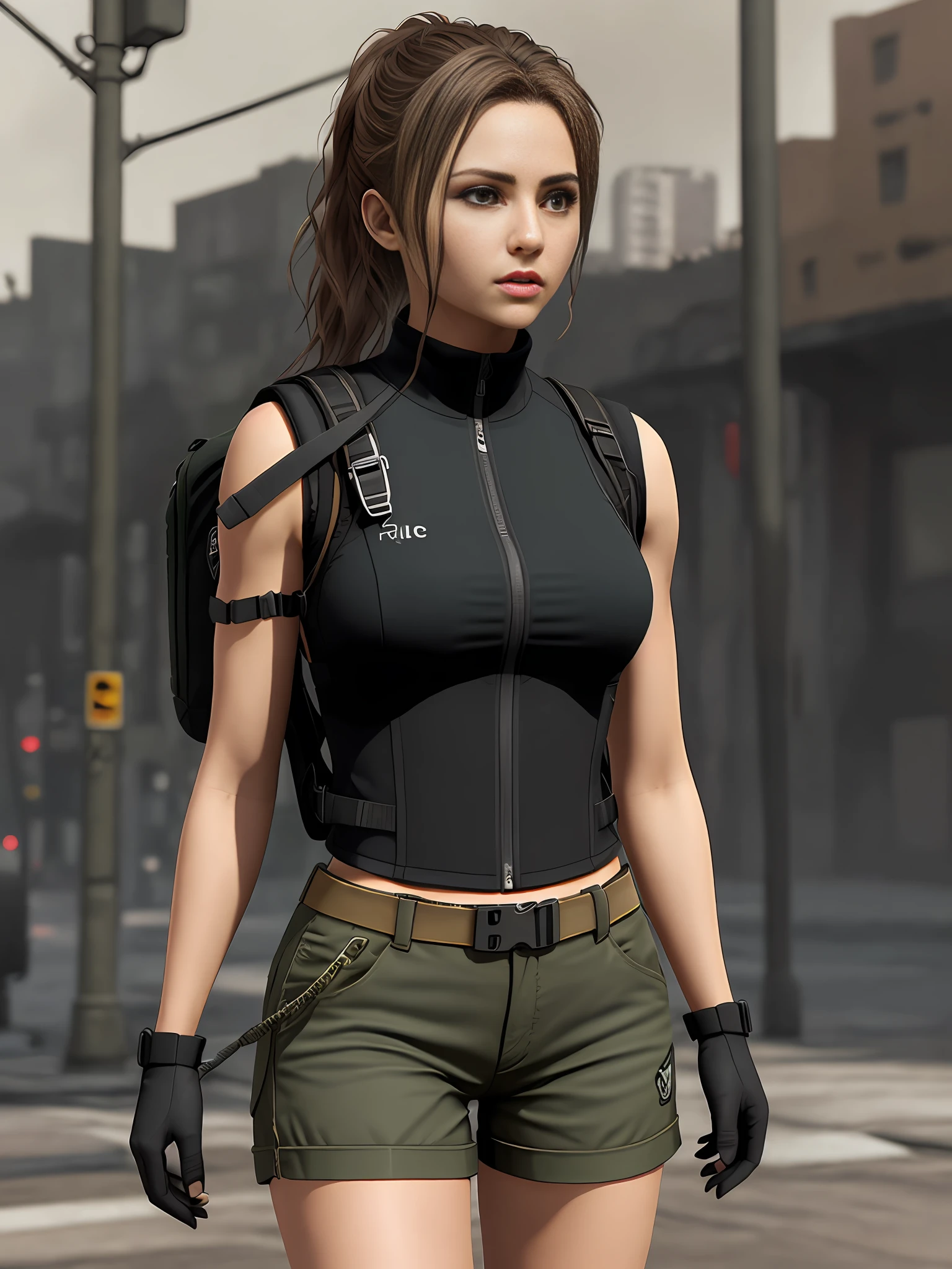 fit girl on the street in a fully packed tactical vest and backpack, epic realistic, photo, faded, complex stuff around, neutral colors, ((((hdr)))), ((((muted colors)))), intricate scene, artstation, intricate details, vignette, heavy military vest:1.2, military shorts, safe for work:1.2, sfw:1.2, perfect anatomy, tactical vest:1.3, large tactical vest:1.3