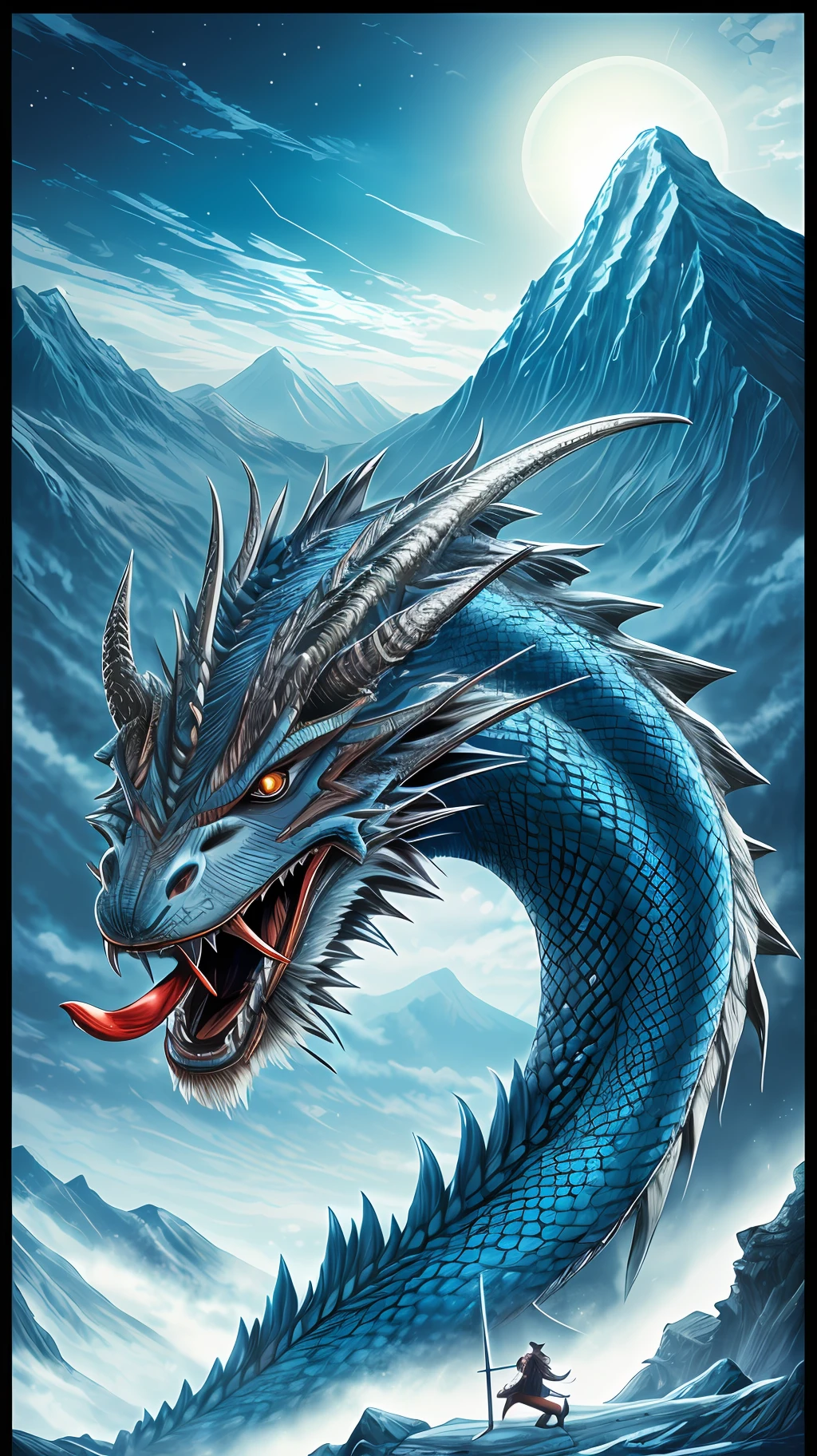 Anime dragon with a sword in his mouth, a mountain in the background, with a dragon as the background, cyan Chinese dragon fantasy, blue scale dragon, frost dragon, blue eyes white dragon, legendary dragon, HD, real image, 8k --auto