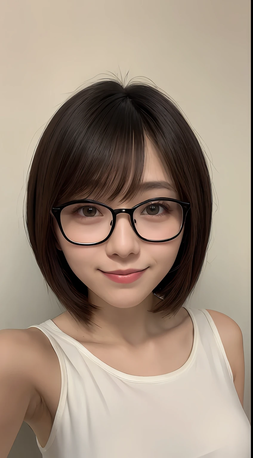 Detailed face, small breasts, waist constriction, short hair, slender, detail face, waist constriction, short hair, glasses, Japan person, no makeup, small, small breasts, thin glasses, thick lips, smile