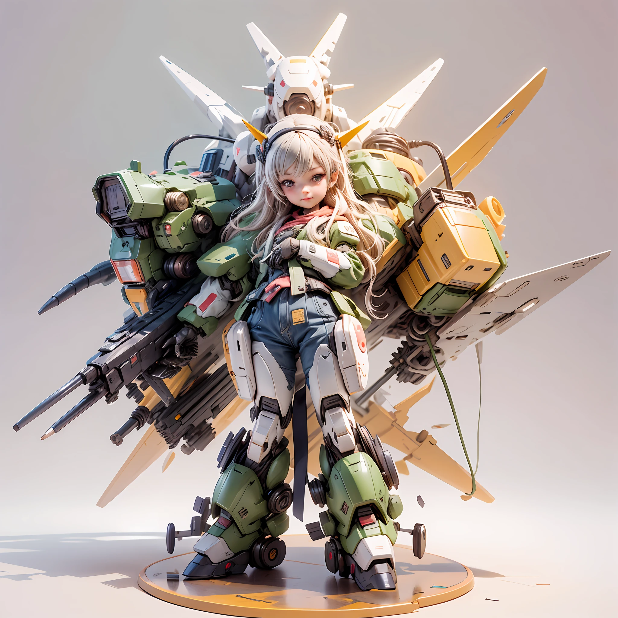 There is a mini Gundam mech, cute, 3d rendering, little robot, portrait female anime, cute 3d anime rendering, cute detailed digital art, mini cute mech, 3d rendering stylized, 3d rendered character art 8k, cute digital painting, anime style 3d, super detailed rendering, weapon in hand, delicate face,