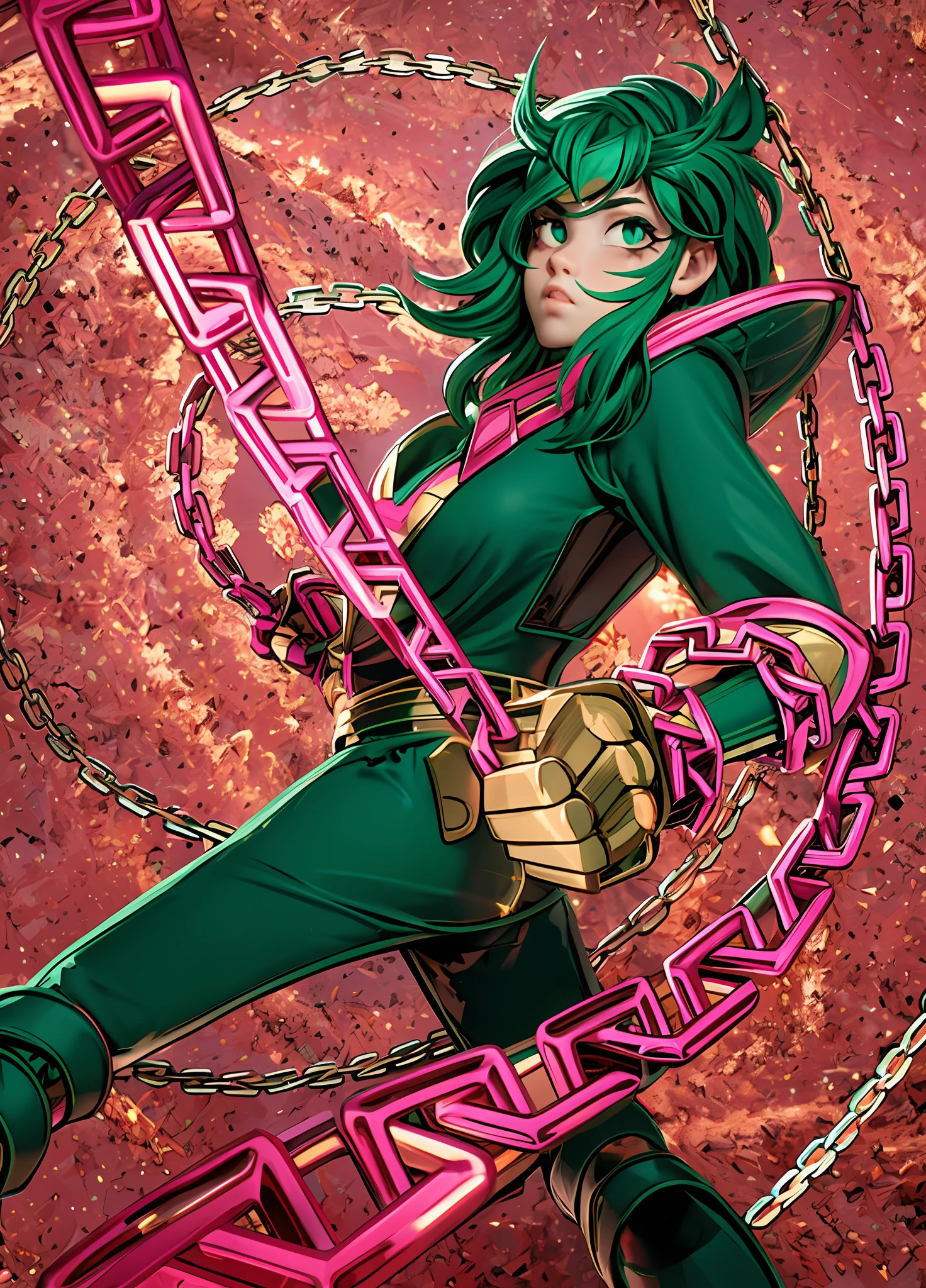 A female warrior, green hair, wearing pink metal armor, surrounded by metal chains, beautiful girl, cinematic light and shadow, romantic nebula in the background