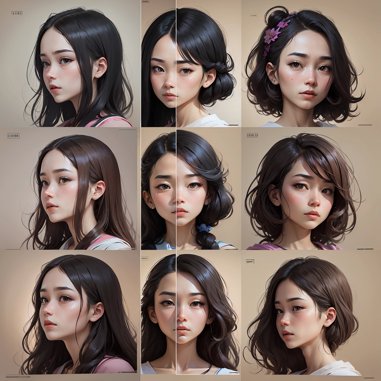 Li Qingzhao image with various expressions, presented in cartoon stroke style, 9 different expressions, cute image, application icon, UI interface, 9*9 squares, uniform color, high quality, high detail, accurate, white background. --auto