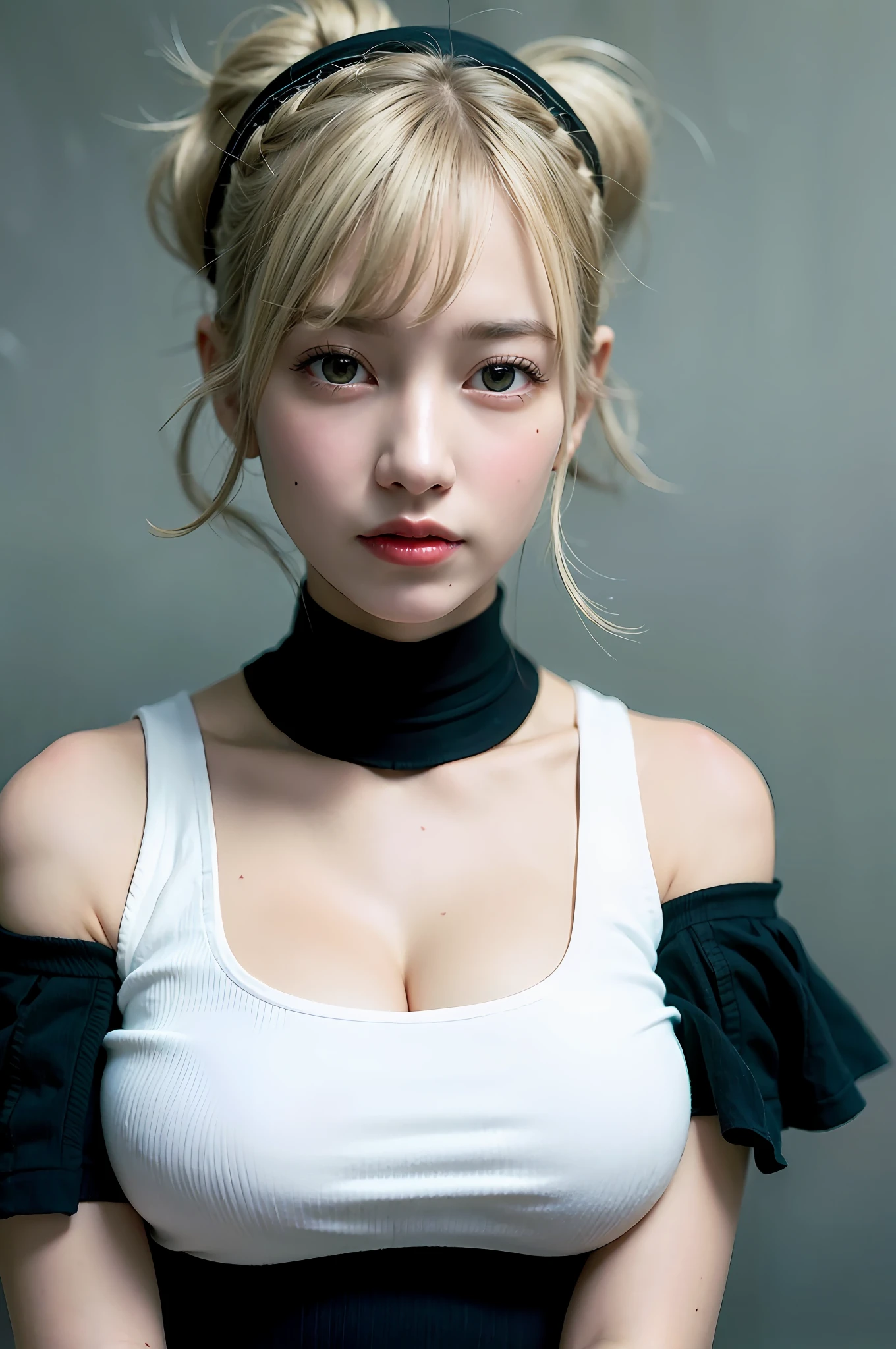 best quality, ultra high res, (photorealistic:1.4), 1girl, off-shoulder white shirt, black tight skirt, black choker, (faded ash gray hair:1), (huge breasts:1.2), looking at viewer, closeup ,