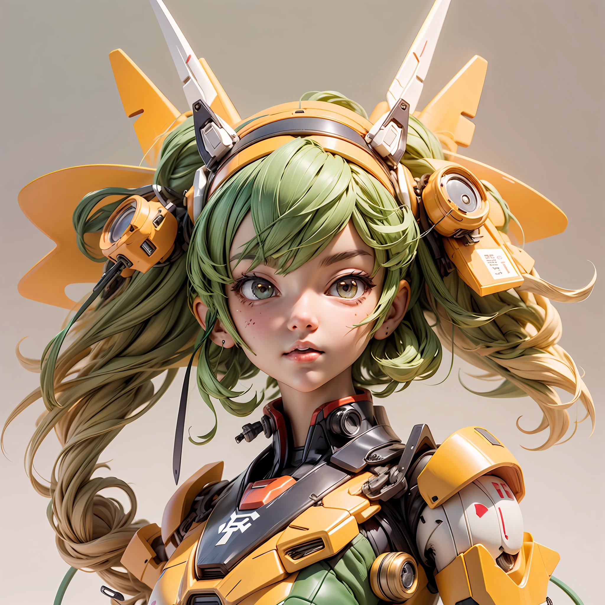 There is a mini Gundam mech, cute, 3d rendering, little robot, portrait female anime, cute 3d anime rendering, cute detailed digital art, mini cute mech, 3d rendering stylized, 3d rendered character art 8k, cute digital painting, anime style 3d, super detailed rendering, weapon in hand, delicate face,