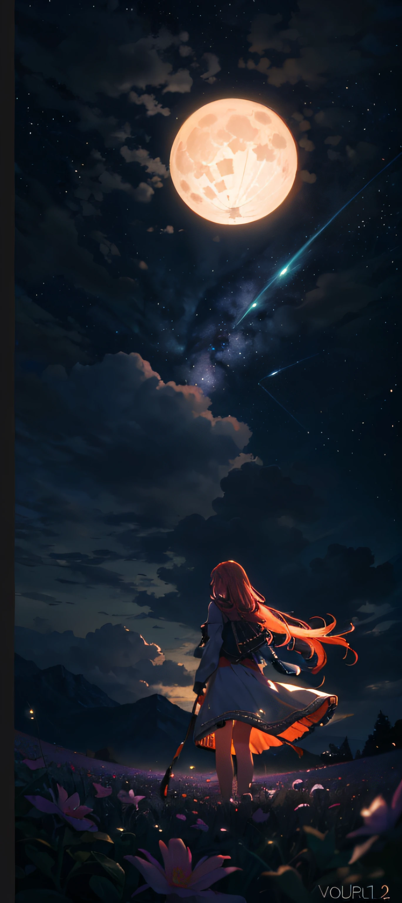 Vast landscape photo, (viewed from below, the sky is above and the open field is below), a girl standing on a flower field looking up, (full moon: 1.2), (meteor: 0.9), (nebula: 1.3), distant mountains , Trees BREAK Crafting Art, (Warm Light: 1.2), (Fireflies: 1.2), Lights, Lots of Purple and Orange, Intricate Details, Volumetric Lighting, Realism BREAK (Masterpiece: 1.2), (Best Quality), 4k, Ultra-Detailed, (Dynamic Composition: 1.4), Very Detailed, Colorful Details, (Rainbow Colors: 1.2), (Glow Lighting, Atmospheric Lighting), Dreamy, Magical, (Solo: 1.2)