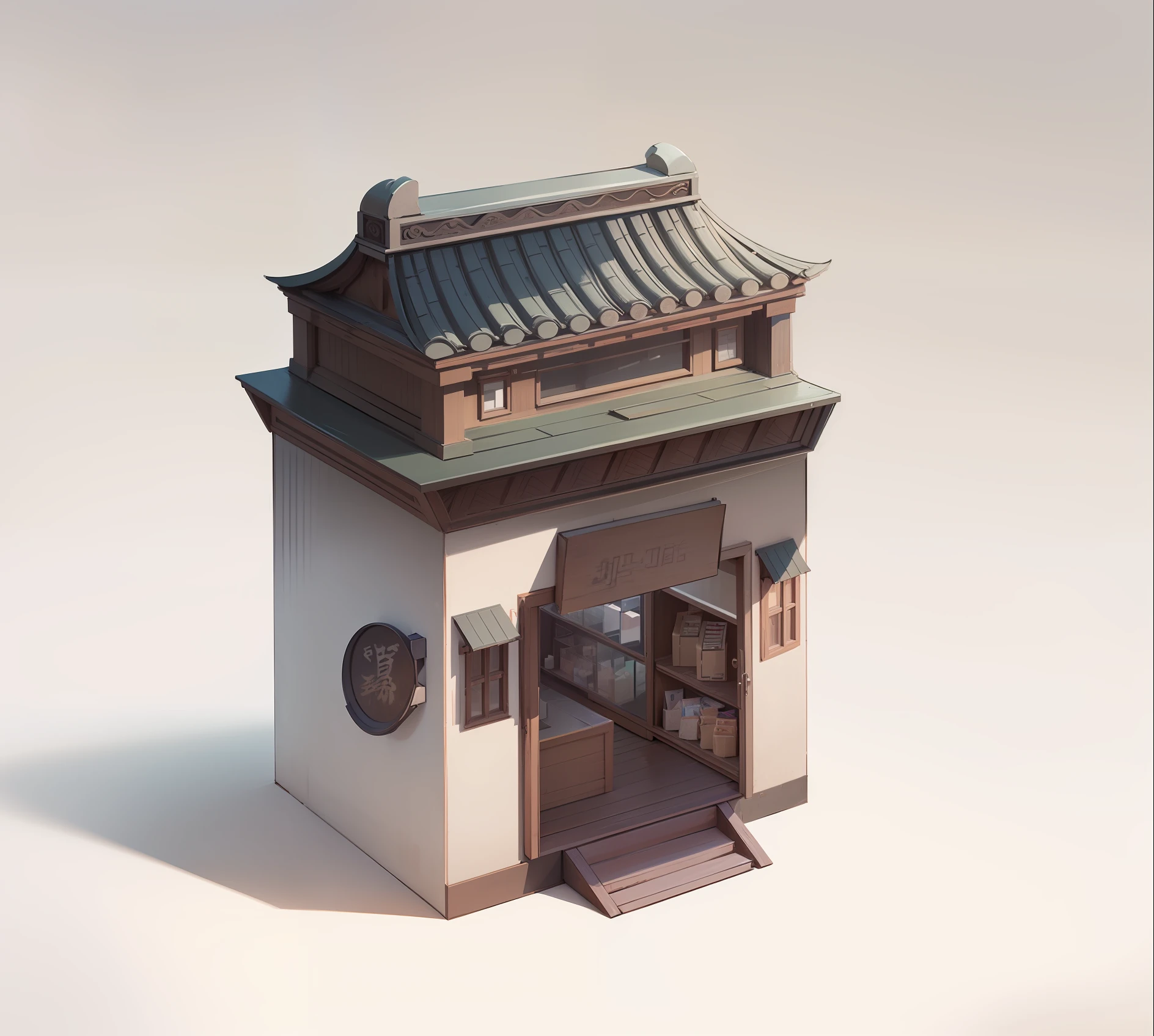Illustration of a small building with doors and windows, concept art of Li Jae, pixiv, Minyi, gray purple roof, Chinese architecture, Ruina library concept art, small building, high detail store, extremely detailed architecture, convenience store, store, white background