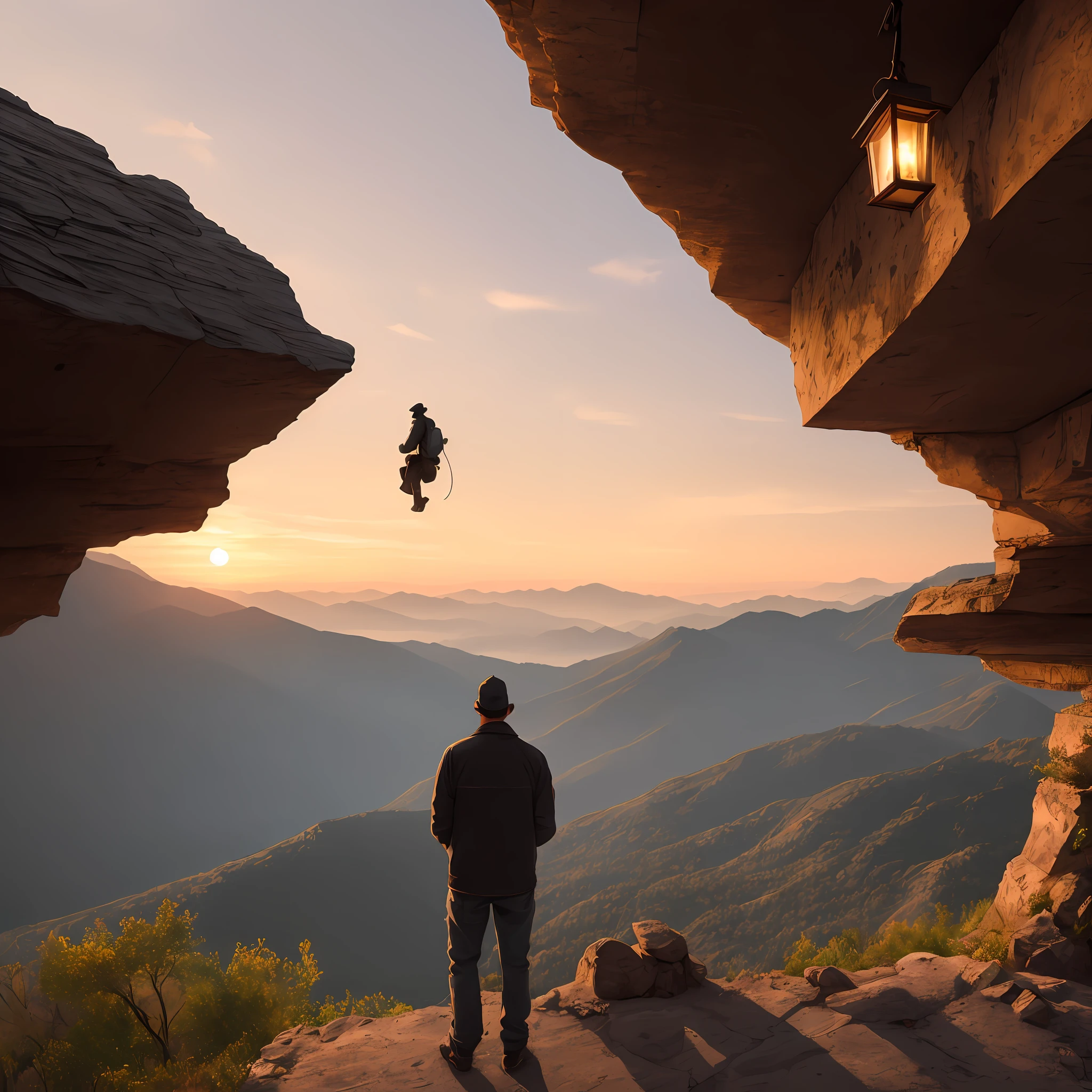 there is a man standing on a roof with a lantern hanging from it, looking at the mountains, overlooking a valley, 8 k. filling of the view, chill time. good view, great view, 8 k. filling most of the view, on the top of a mountain, in a scenic background, during sunset, at the top of a mountain --auto