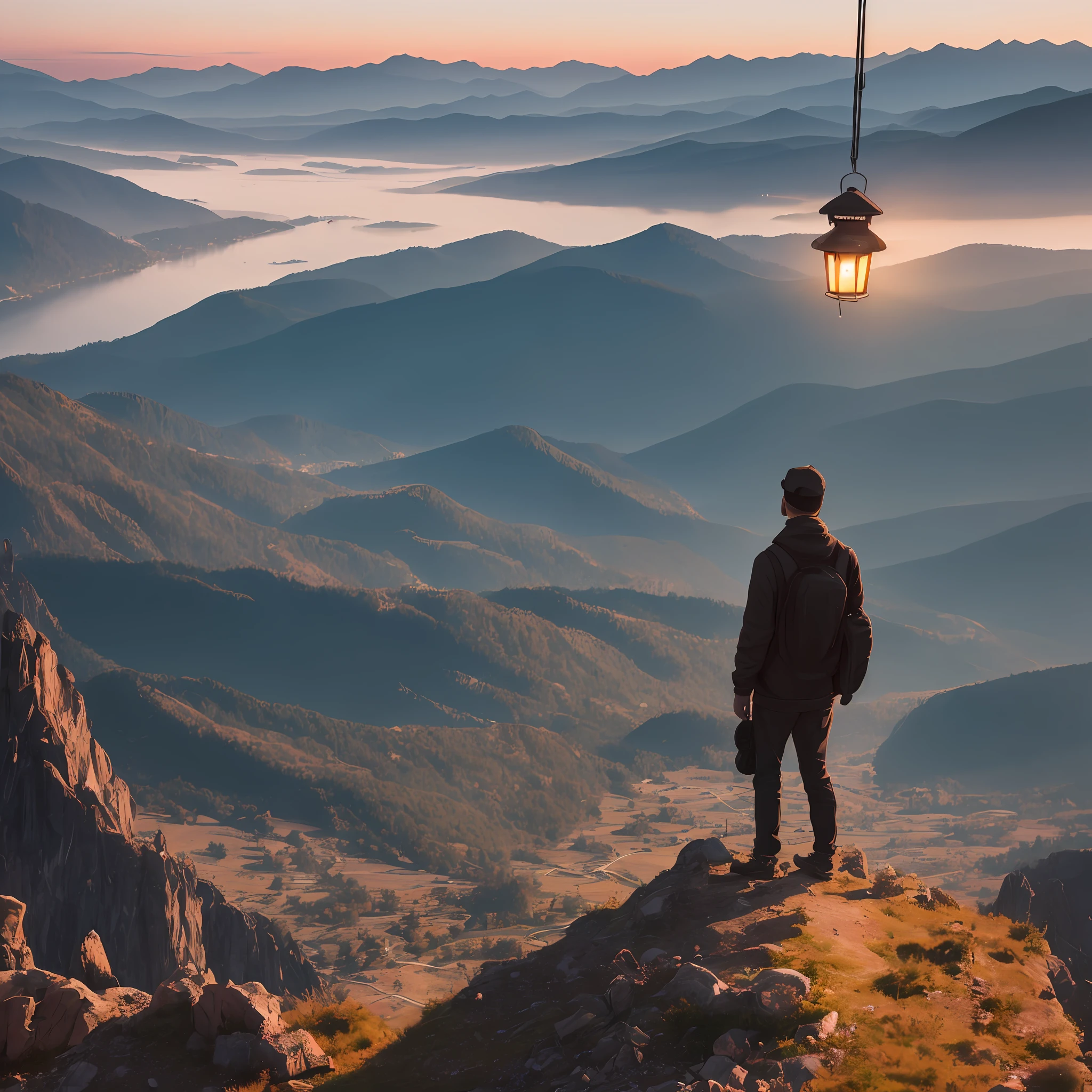 there is a man standing on a roof with a lantern hanging from it, looking at the mountains, overlooking a valley, 8 k. filling of the view, chill time. good view, great view, 8 k. filling most of the view, on the top of a mountain, in a scenic background, during sunset, at the top of a mountain --auto