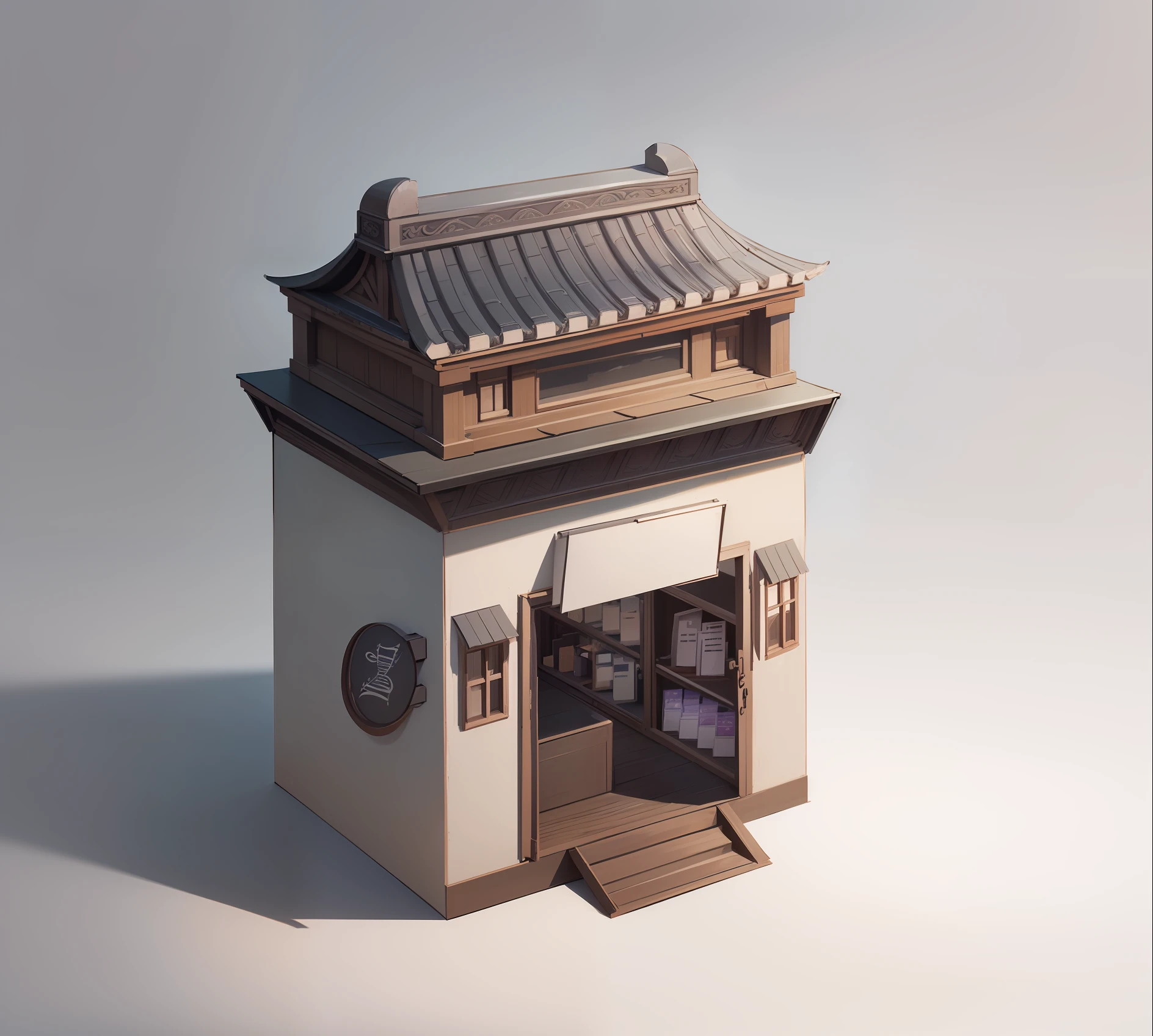 Illustration of a small building with doors and windows, concept art of Li Jae, pixiv, Minyi, gray purple roof, Chinese architecture, Ruina library concept art, small building, high detail store, extremely detailed architecture, convenience store, store, white background