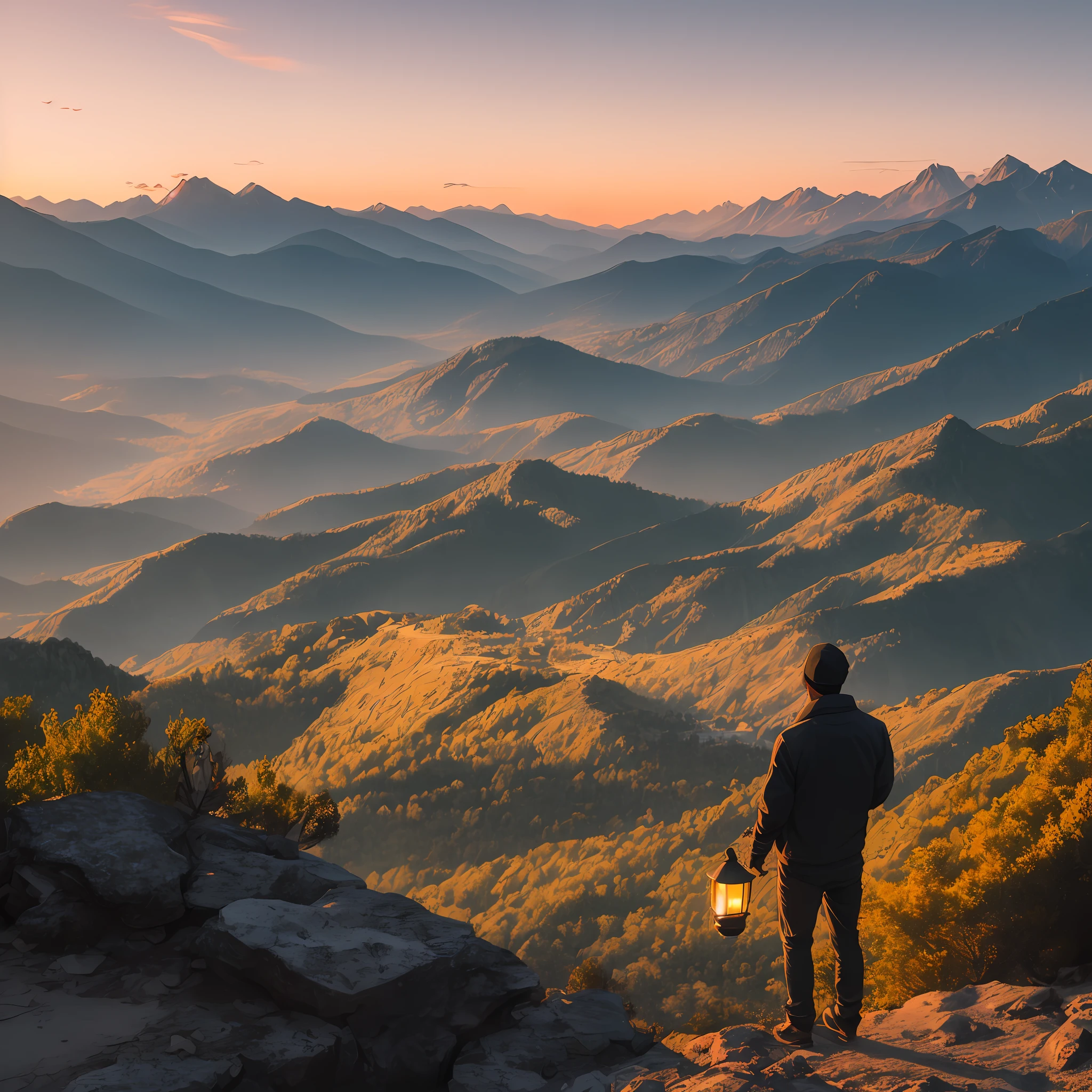 there is a man standing on a roof with a lantern hanging from it, looking at the mountains, overlooking a valley, 8 k. filling of the view, chill time. good view, great view, 8 k. filling most of the view, on the top of a mountain, in a scenic background, during sunset, at the top of a mountain --auto