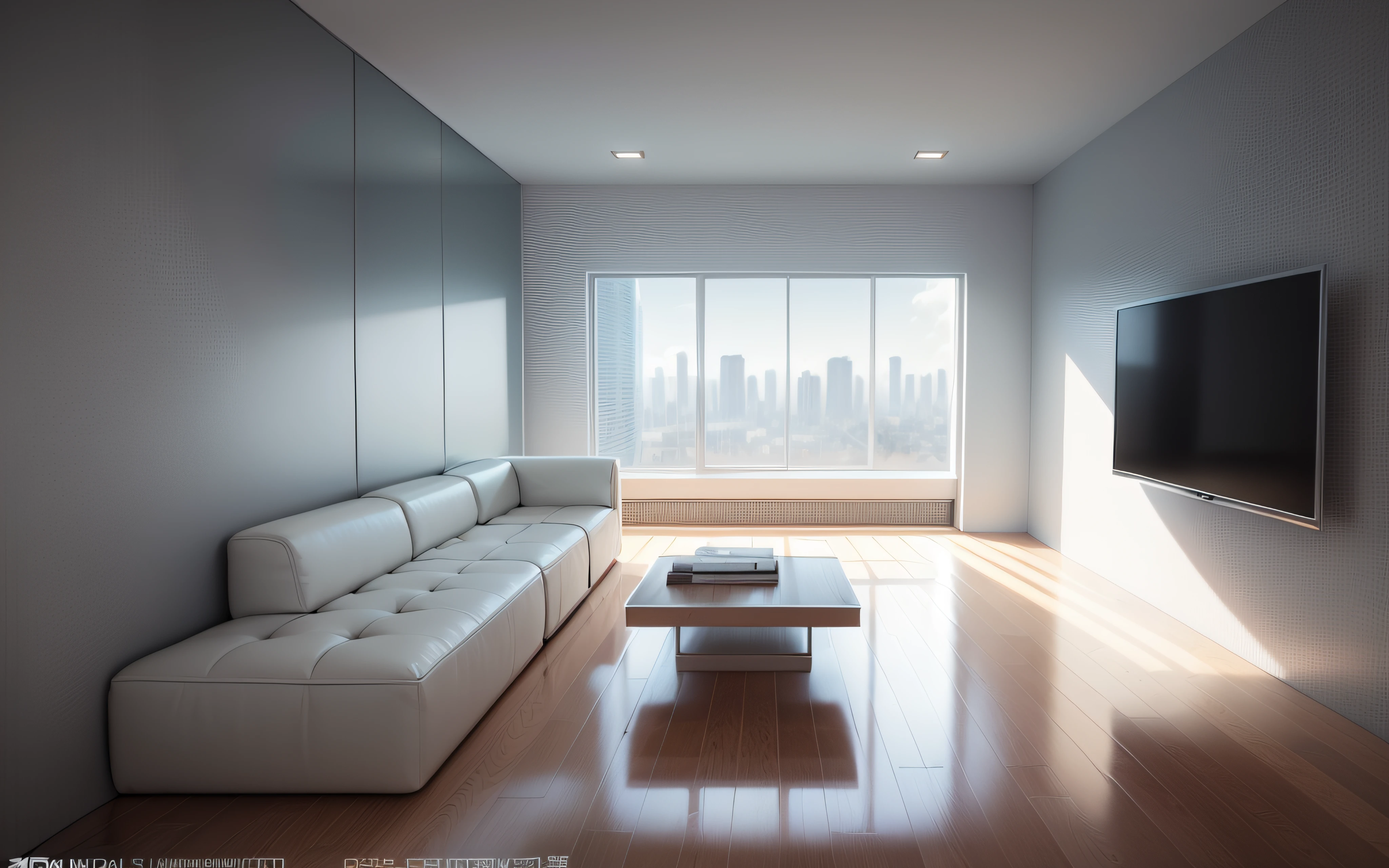 Produce a renderings from wireframes Modern minimalist style Bright air conditioning High-rise buildings outside the window Stylish accessories --auto