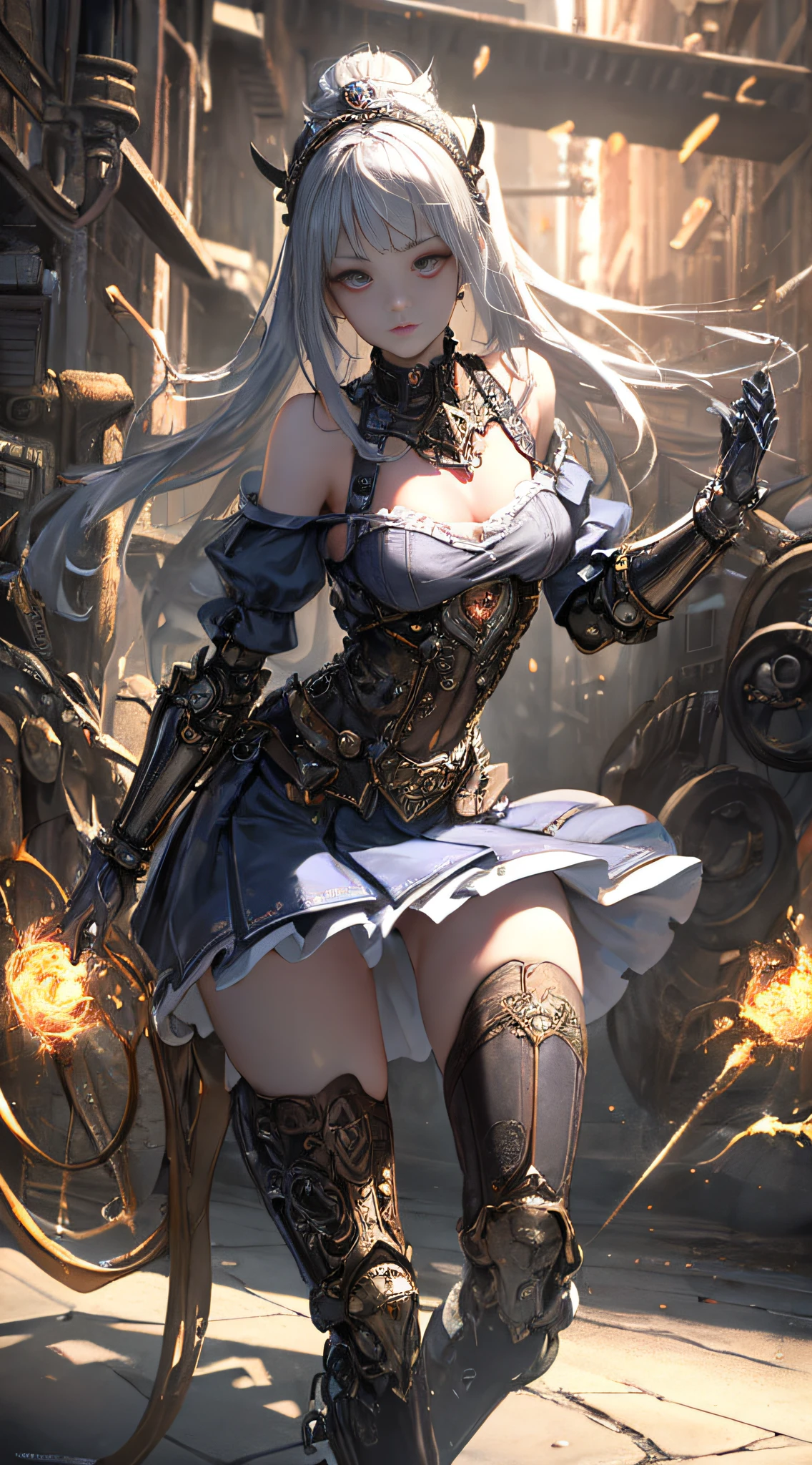 ((Best Quality)), ((Masterpiece)), (Details:1.4), 3D, Android Mage Girl, Mechanical Body, Off-the-shoulder fashion that blends detailed and sophisticated steampunk with detailed Gothic ta, Features very large mechanical weapons, Countless luminous large spheres spinning, Lots of spark crosses and splashes, Poses that invoke magic, Dynamic action poses, Rotating and flying celestial bodies, Countless neon lights fall from the sky, Very slender long legs, over-the-knee mechanical boots, intricate steampunk headdress, Flowing lace flared miniskirt, off-the-shoulder fashion with detailed steampunk and detailed gothic Lolind intricate mechanical fusion, upturned beautiful small breasts, clean silver long hair, long vertical curls, wind driven, futuristic and complex steampunk factory background, cinematic lighting, HDR (High Dynamic Range), ray tracing, NVIDIA RTX, Super Resolution, Unreal 5, Subsurface Scattering, PBR Textures, Post Processing, Anisotropic Filtering, Depth of Field, Maximum Sharpness and Sharpness , Multi-layer textures, albedo and specular maps, surface shading, Accurate simulation of light-material interactions, Perfect proportions, octane rendering, duotone lighting, wide aperture, low ISO, white balance, rule of thirds, 16K RAW