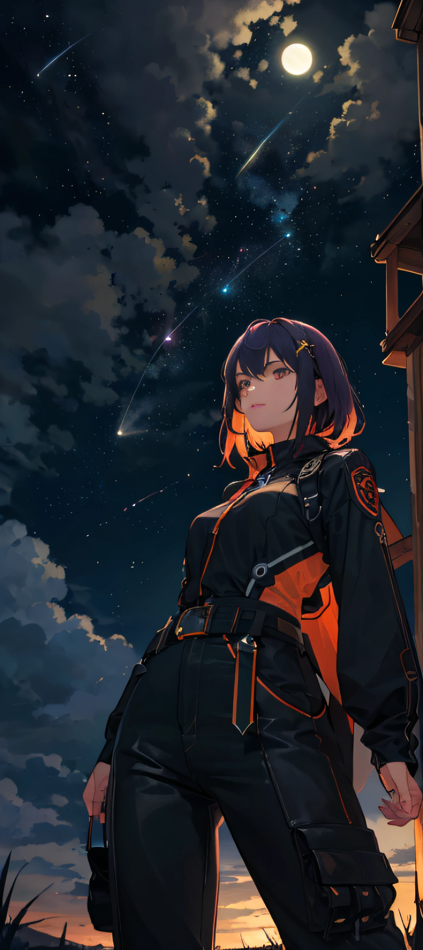 Vast landscape photo, (viewed from below, the sky is above and the open field is below), a girl standing on a flower field looking up, (full moon: 1.2), (meteor: 0.9), (nebula: 1.3), distant mountains , Trees BREAK Crafting Art, (Warm Light: 1.2), (Fireflies: 1.2), Lights, Lots of Purple and Orange, Intricate Details, Volumetric Lighting, Realism BREAK (Masterpiece: 1.2), (Best Quality), 4k, Ultra-Detailed, (Dynamic Composition: 1.4), Very Detailed, Colorful Details, (Rainbow Colors: 1.2), (Glow Lighting, Atmospheric Lighting), Dreamy, Magical, (Solo: 1.2)