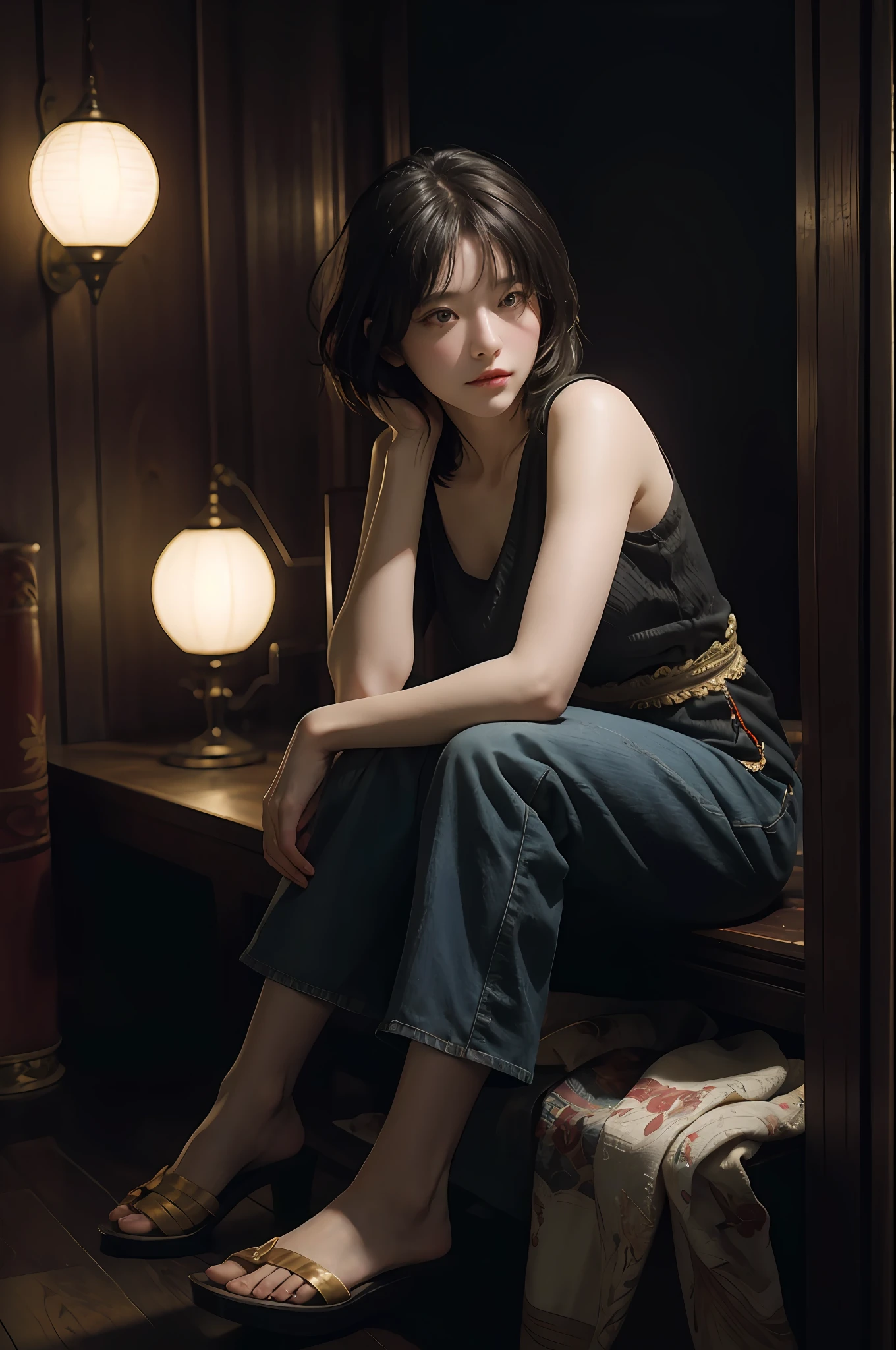 (RAW photo, highest quality), (realistic, photorealistic: 1.3), highest quality, high definition, masterpiece, super detail, illustration, 1girl, full body, dynamic angle, world masterpiece theater, messy_short_hair, top quality, highly detailed CG Unity 8k wallpaper, ink, amazing, cinematic lighting, lens_flare, dunhuang_style, nice breasts
