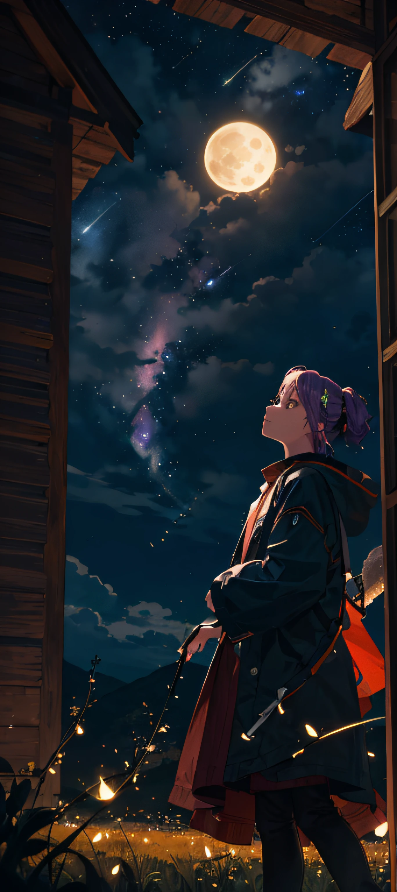 Vast landscape photo, (viewed from below, the sky is above and the open field is below), a girl standing on a flower field looking up, (full moon: 1.2), (meteor: 0.9), (nebula: 1.3), distant mountains , Trees BREAK Crafting Art, (Warm Light: 1.2), (Fireflies: 1.2), Lights, Lots of Purple and Orange, Intricate Details, Volumetric Lighting, Realism BREAK (Masterpiece: 1.2), (Best Quality), 4k, Ultra-Detailed, (Dynamic Composition: 1.4), Very Detailed, Colorful Details, (Rainbow Colors: 1.2), (Glow Lighting, Atmospheric Lighting), Dreamy, Magical, (Solo: 1.2)