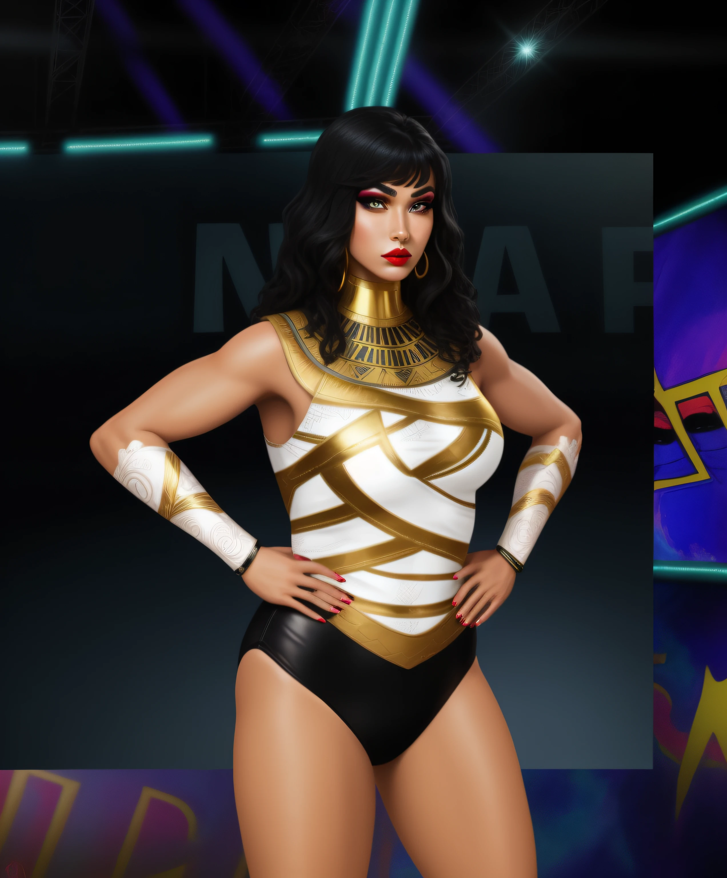 curvy Latina Wrestler in white black and gold high cut leotard, black and gold bracers, Egyptian motif, wearing makeup and lipstick, comic book art style, intricate details