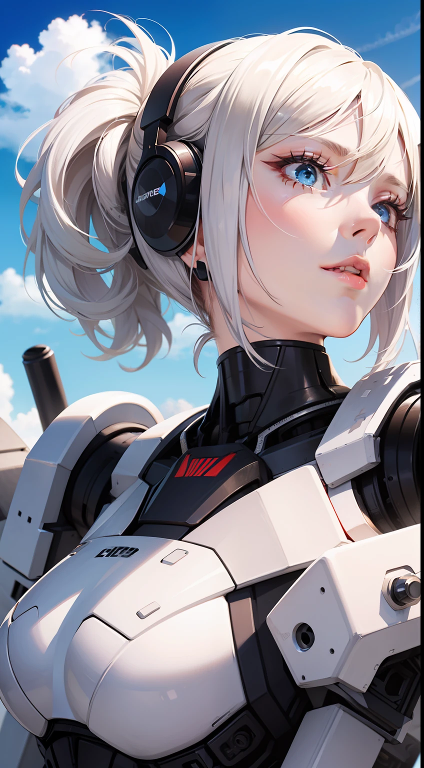 cinematic angle,ray tracing,blue sky with clouds,vector tracing,solo,Perfect female body,white_hair/blue_eyes,masterpiece,sunlight,detail fingers,Exoskeleton Mecha,