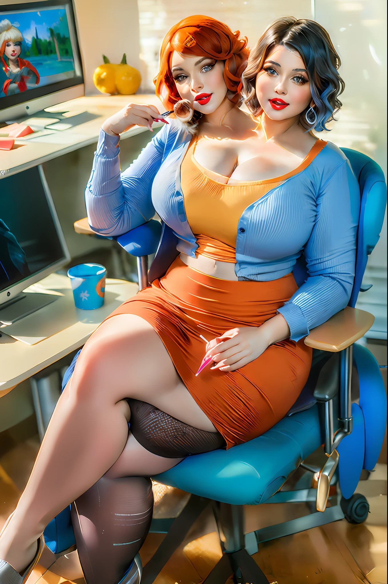 2heads,(masterpiece, best quality:1.5), 1girl, solo, sitting, office chair, desk, computer, computer screen shows hensel twins, coffee mug says *two*, short hair, large lips, bangs, ((silver and gold hair), brown eyes, large breasts, (half blue and half orange shirt), labcoat, pencil skirt, earrings, makeup, lipstick, red lips, legs crossed, leaning over, holding a lollipop, thicc
