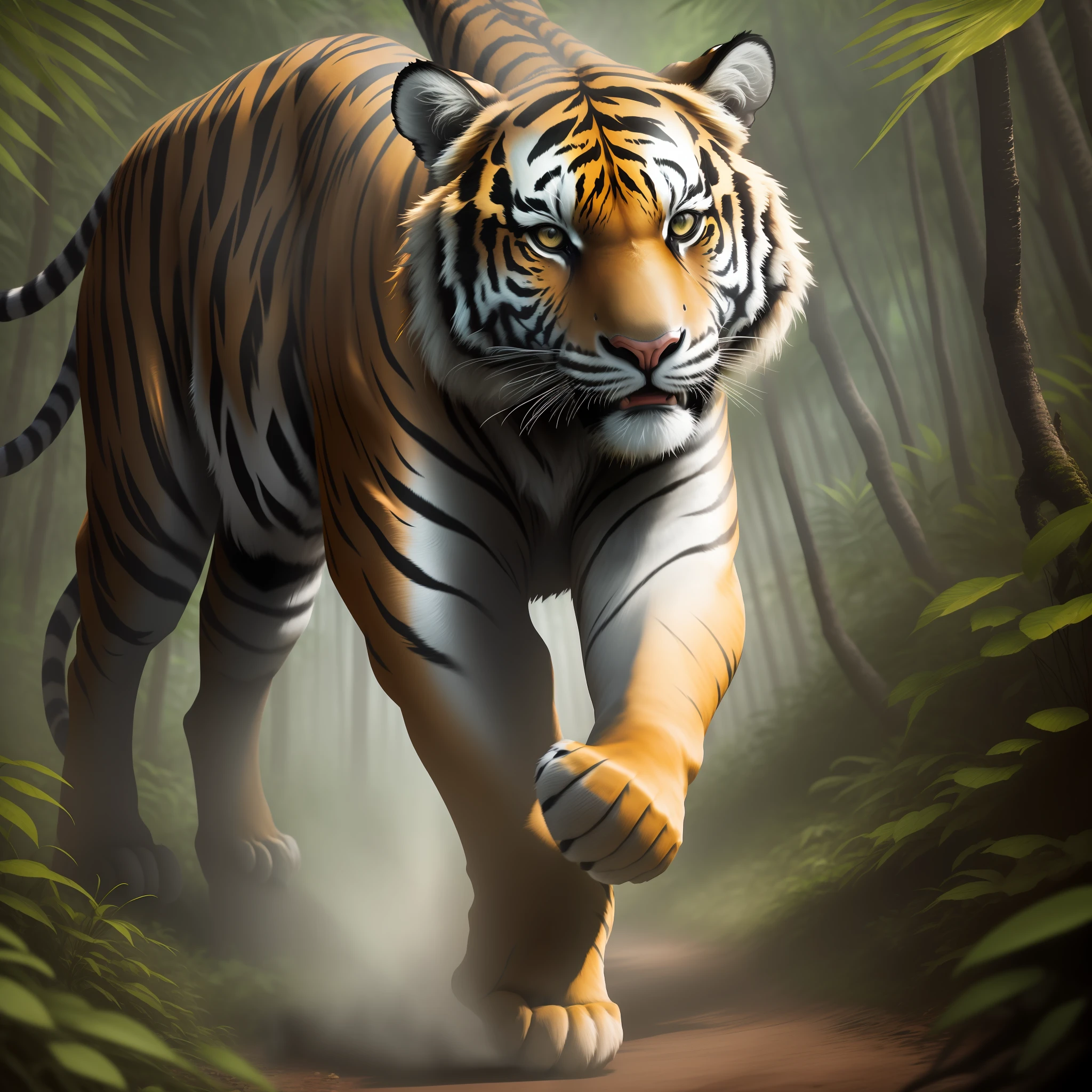 Majestic Bengal tiger, full body in the lush jungle, 3D wide angle, sharp image in 16K resolution, captivating 35mm F/1.18 lens effect. Tip: Avoid strange limbs, instead, focus on the elegant movement and imposing strength of the tiger in its natural environment. Fluidity and perfect fit.